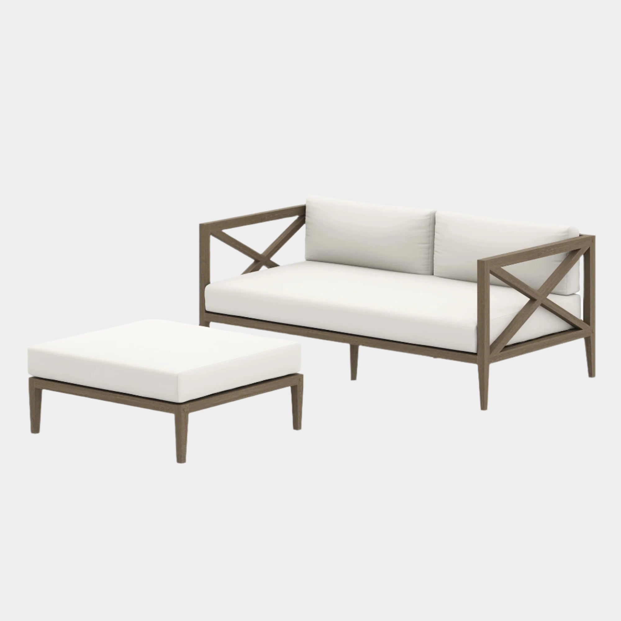 Northlake Outdoor Patio Teak Wood Loveseat and Ottoman Set in Weathered Gray