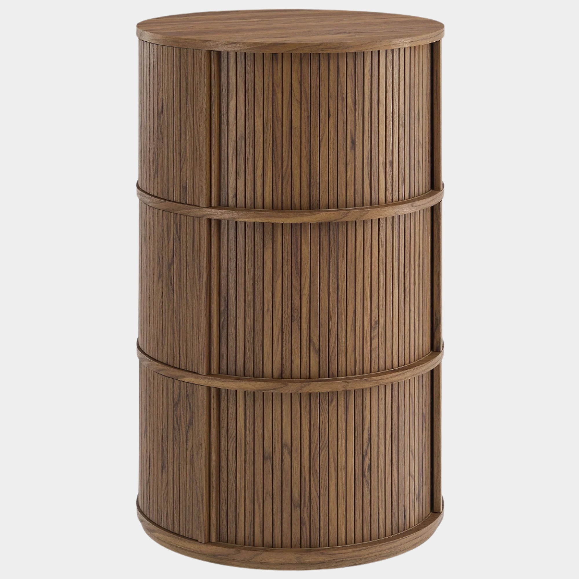 Clement Round Pedestal Stand Storage Table With Sliding Tambour Doors in Walnut