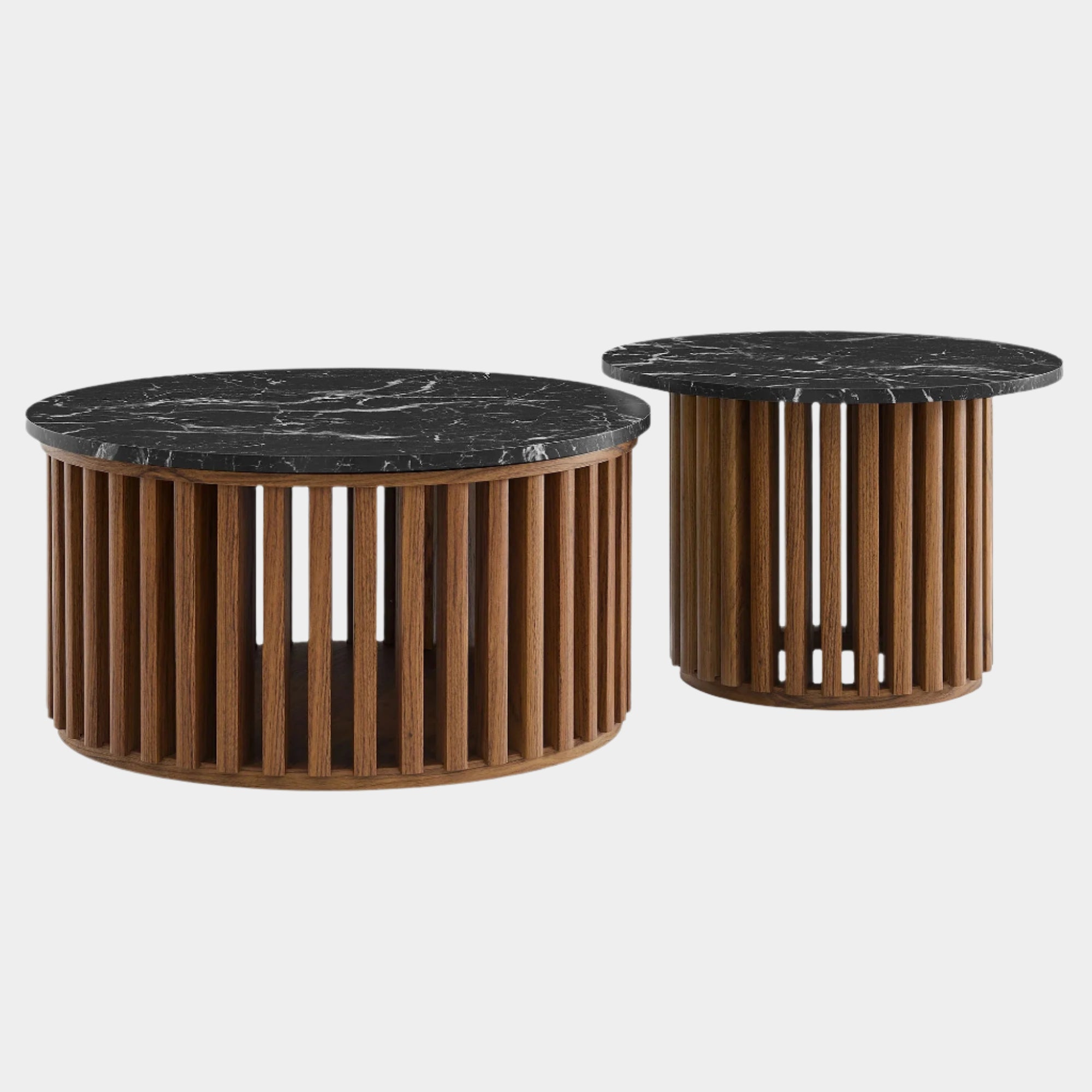 Fortitude Round Faux Marble Top Nesting Coffee Table Set in Walnut Black