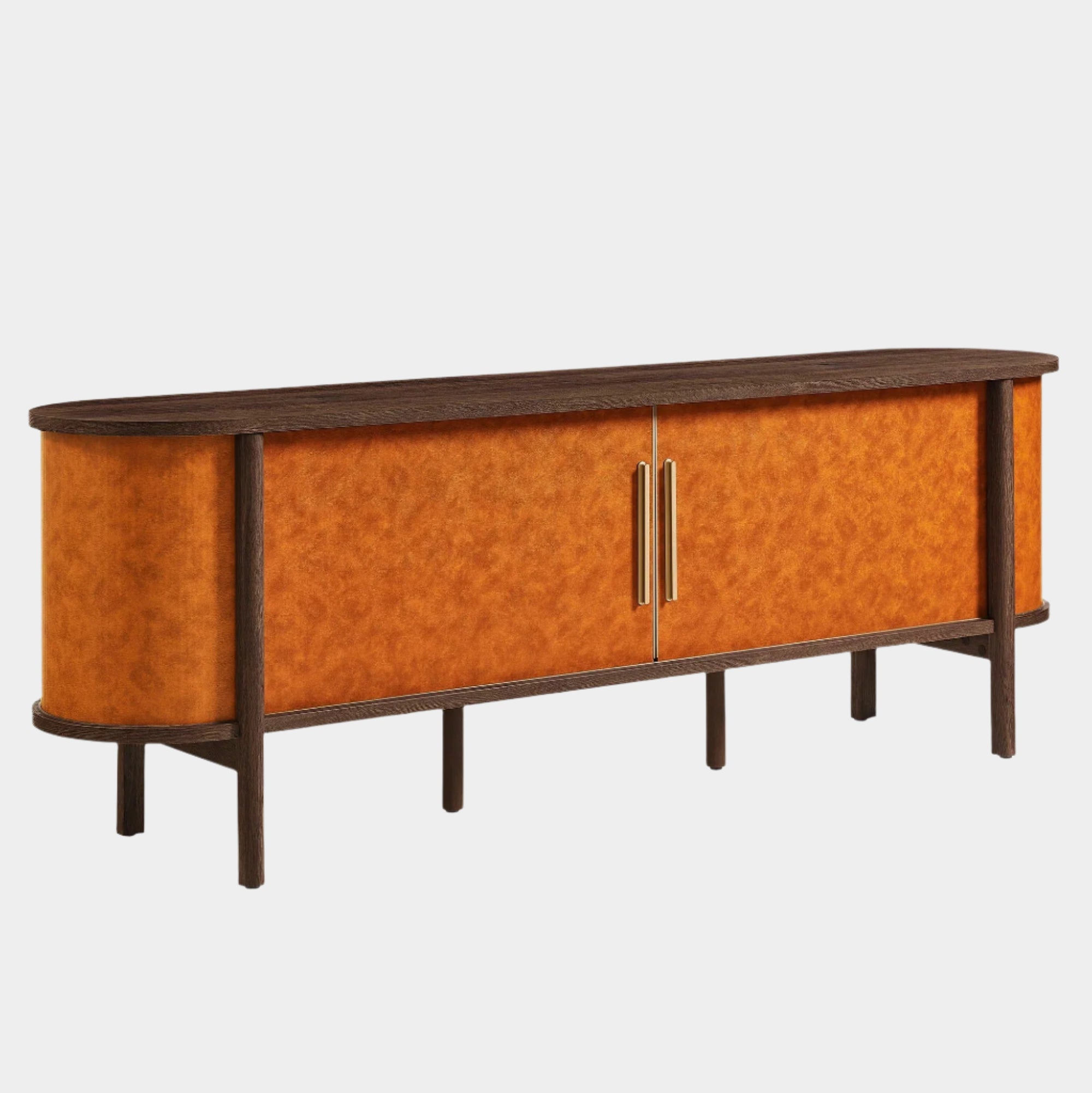 Coralie Curved 71" Vegan Leather Oval TV Stand in Walnut Tan