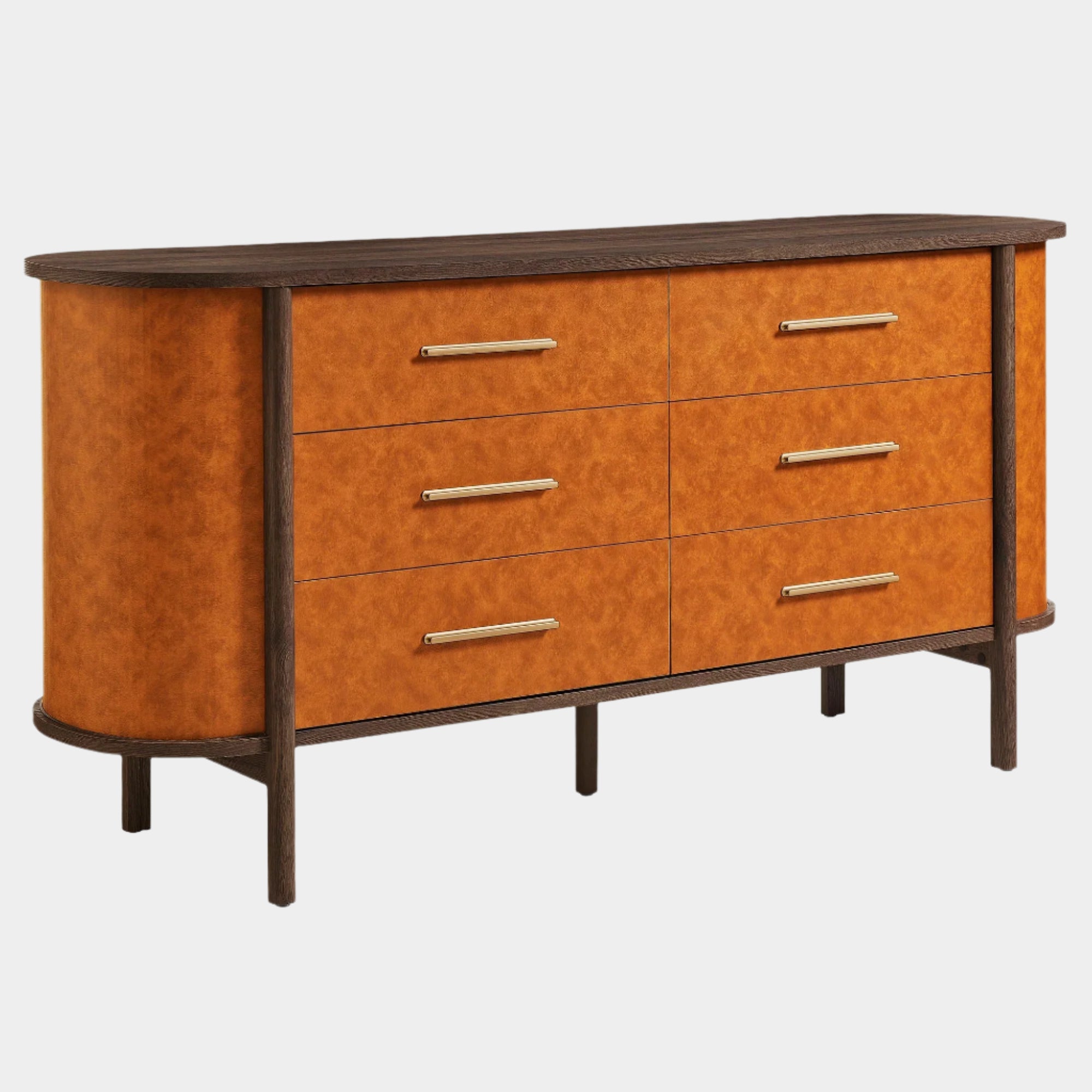 Coralie Curved 6-Drawer Vegan Leather Oval Dresser in Walnut Tan