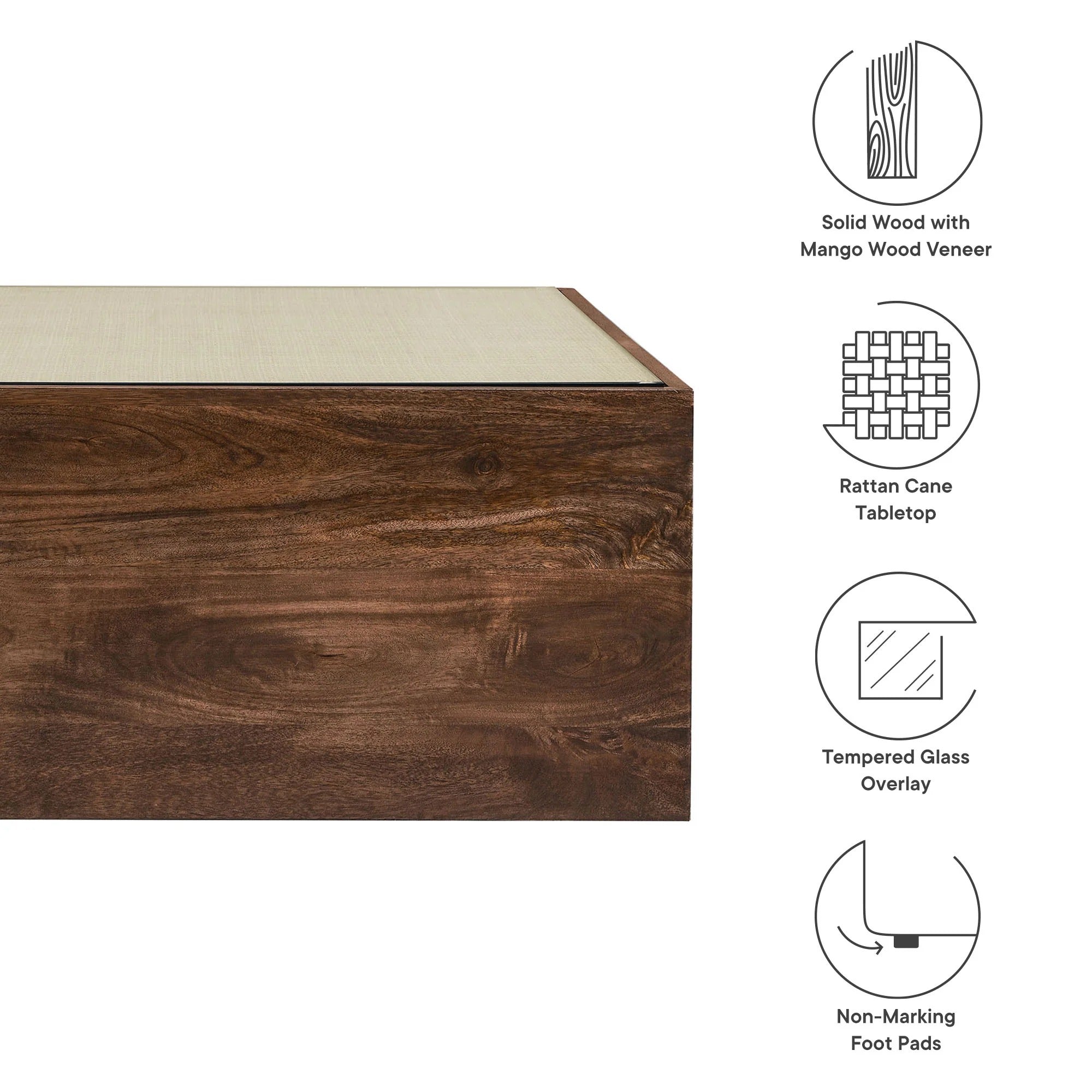Truett Square Wood Rattan Coffee Table in Walnut