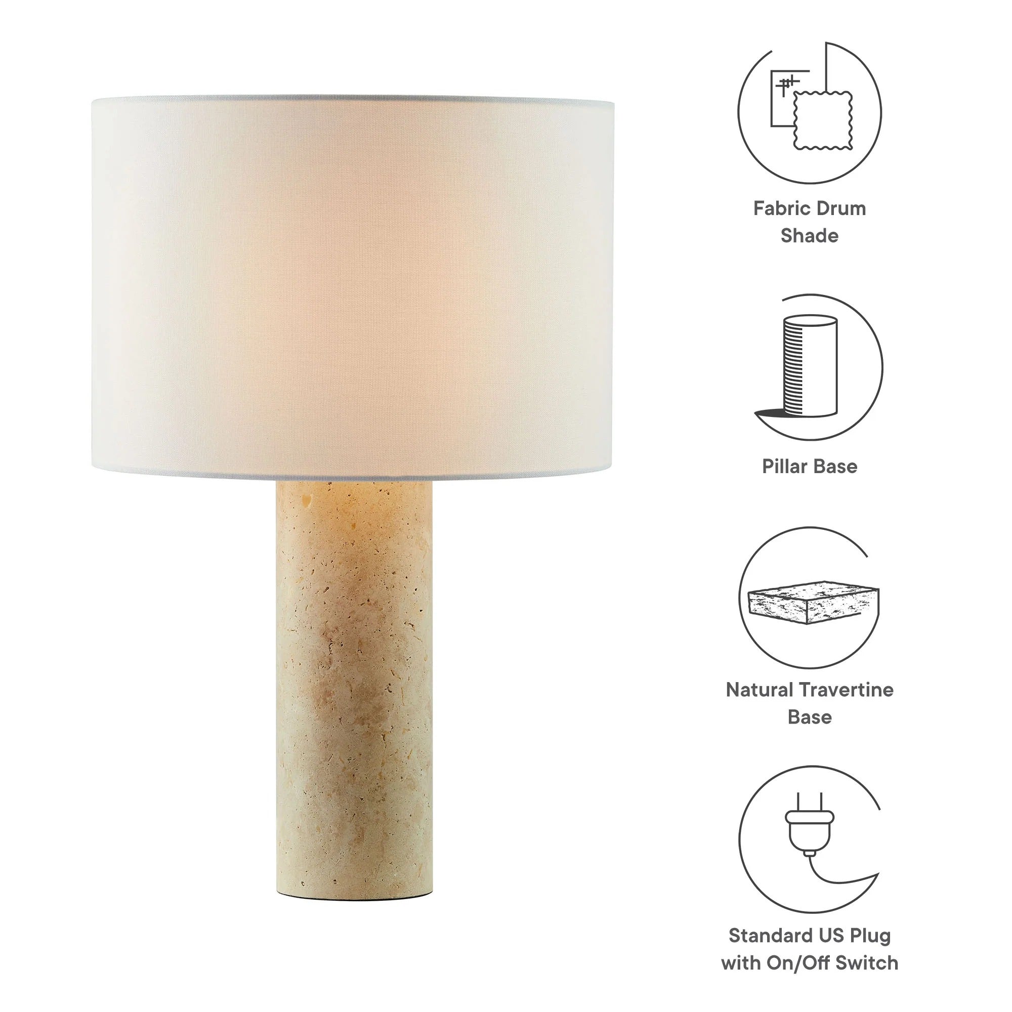 Zenith Travertine Table Lamp With Fabric Drum Shade in Travertine
