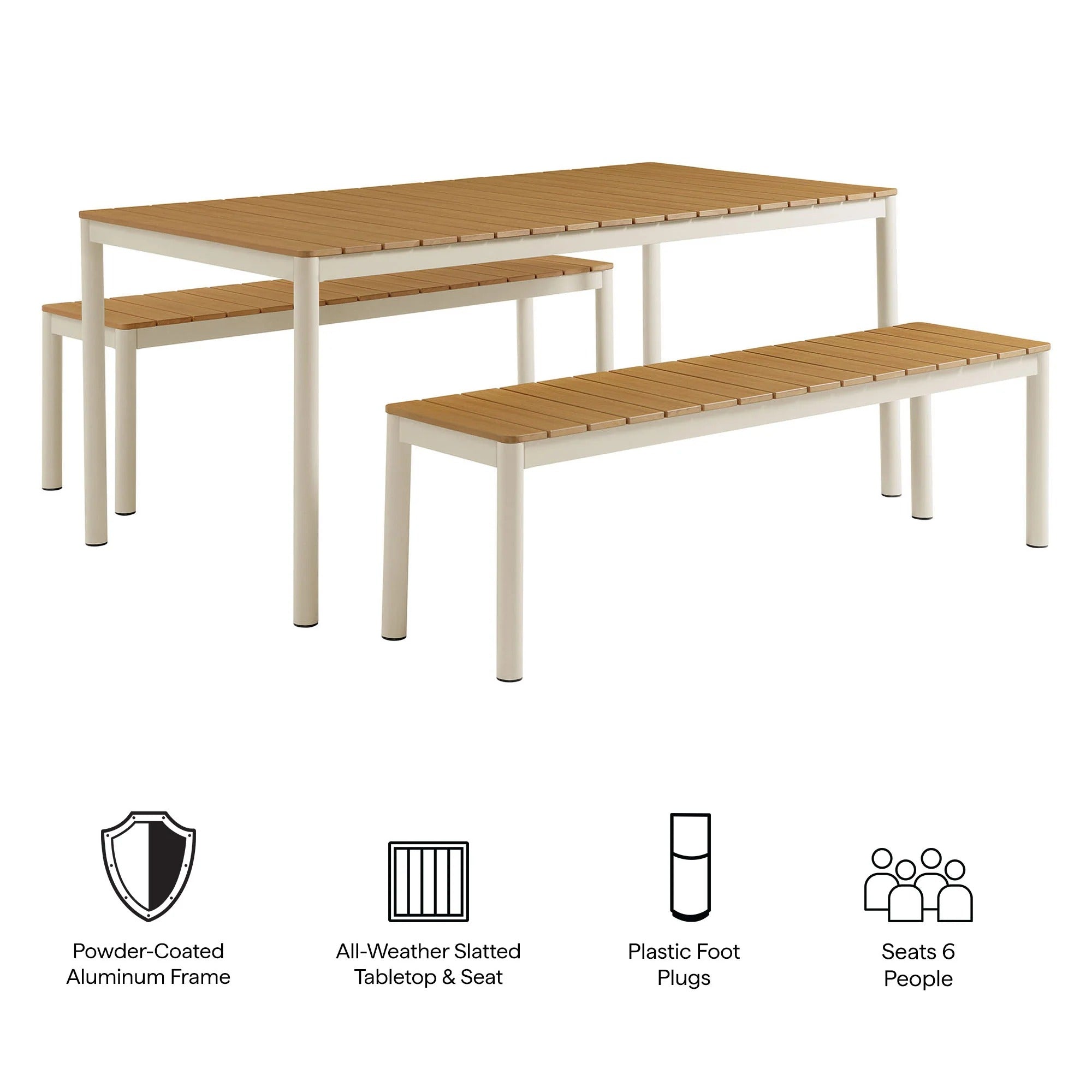 Finn Outdoor Patio Aluminum Faux Wood Dining Set with Benches in Natural