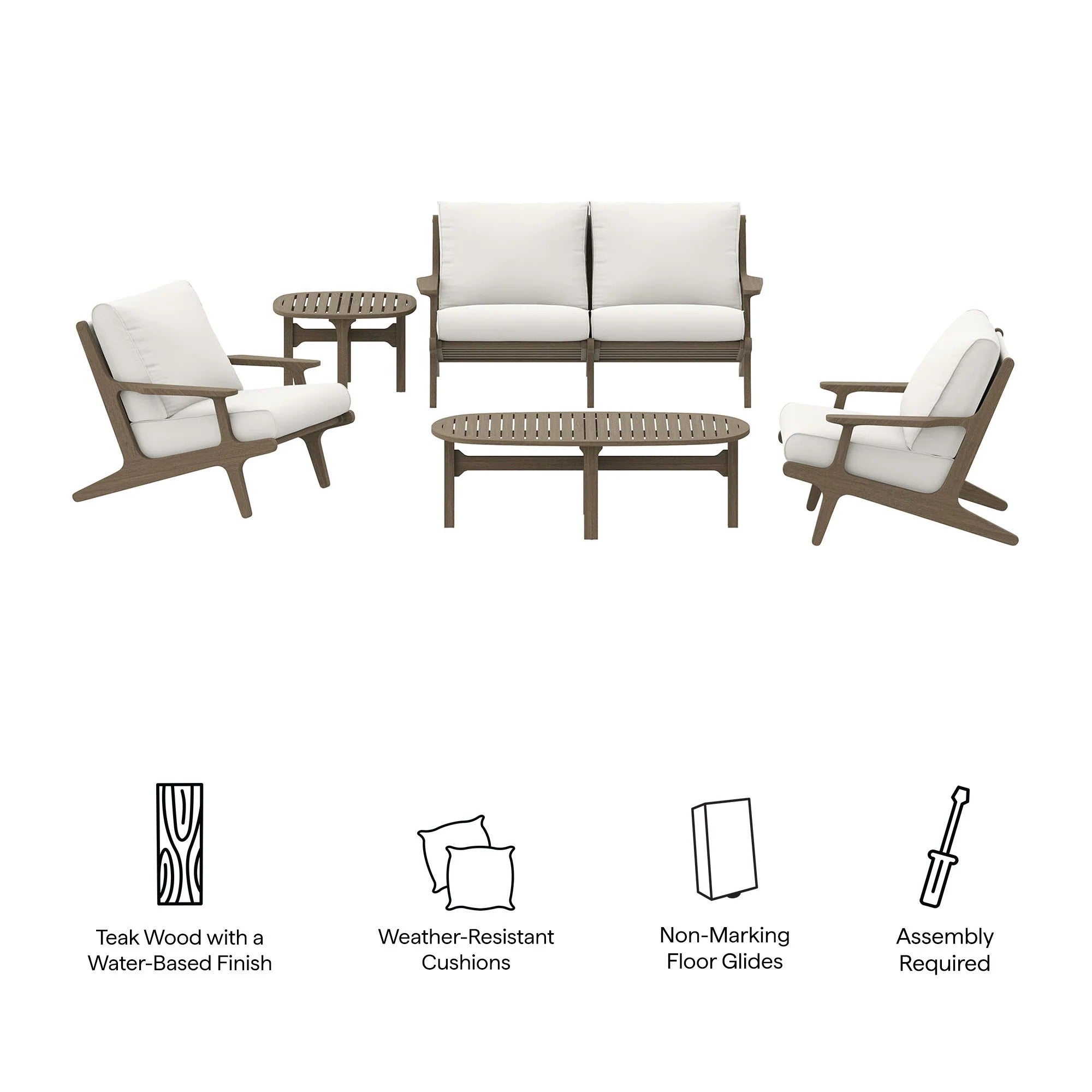 Saratoga 5-Piece Outdoor Patio Teak Wood Furniture Set in Weathered Gray White