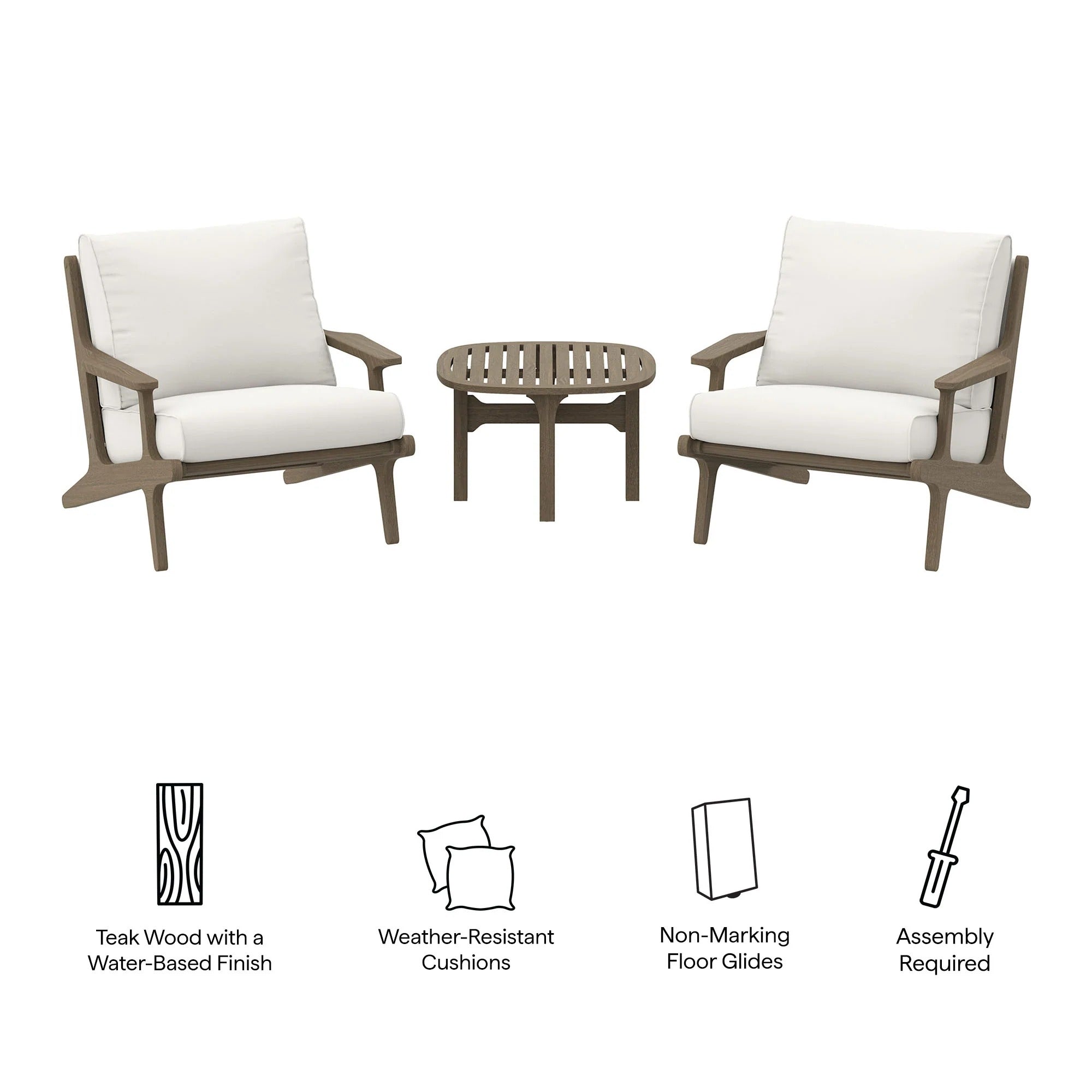 Saratoga 3-Piece Outdoor Patio Teak Wood Furniture Set with Lounge Chairs and Side Table in Weathered Gray White