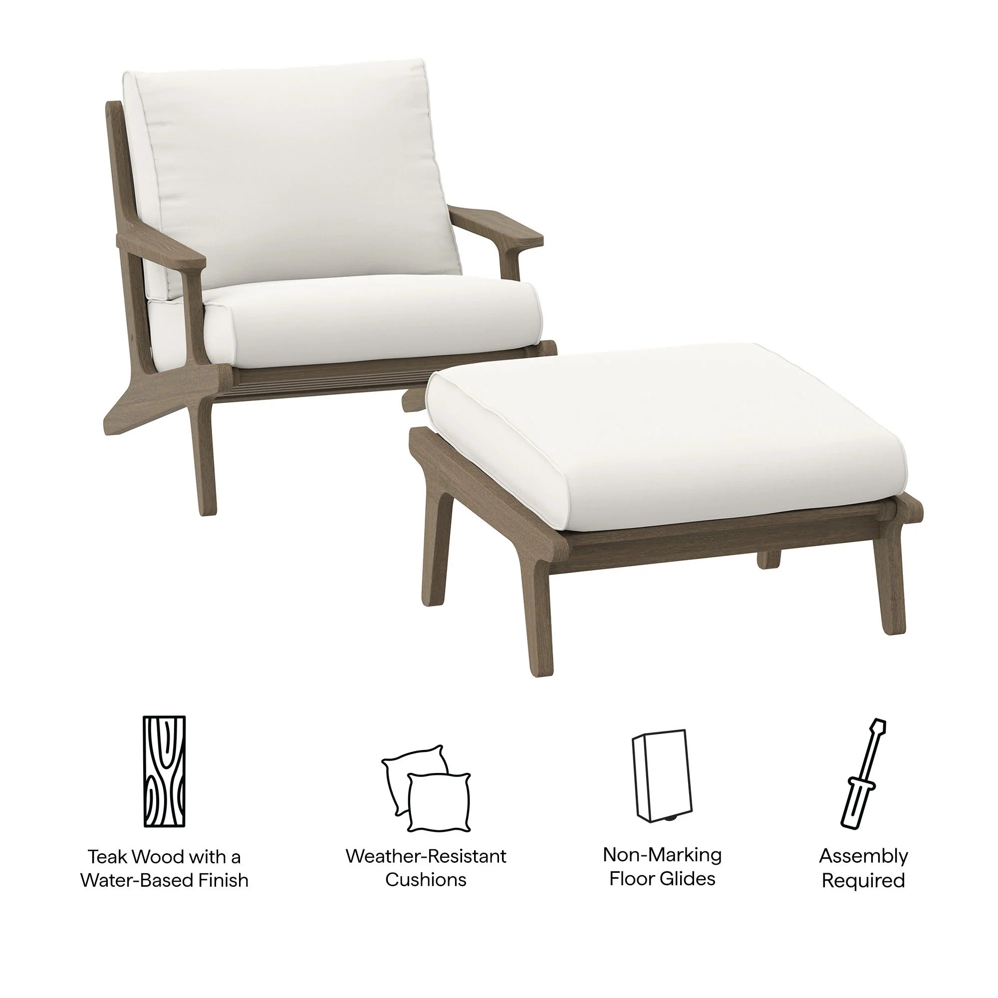 Saratoga Outdoor Patio Teak Wood Chair and Ottoman Set in Weathered Gray White