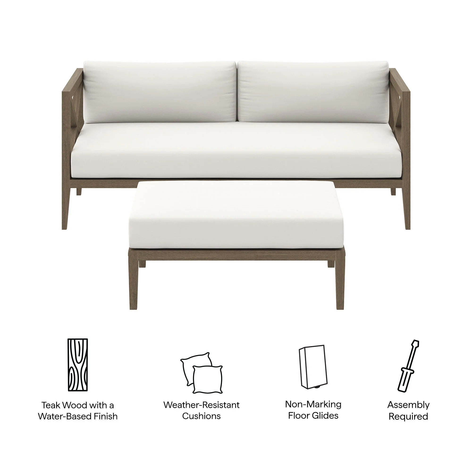 Northlake Outdoor Patio Teak Wood Loveseat and Ottoman Set in Weathered Gray