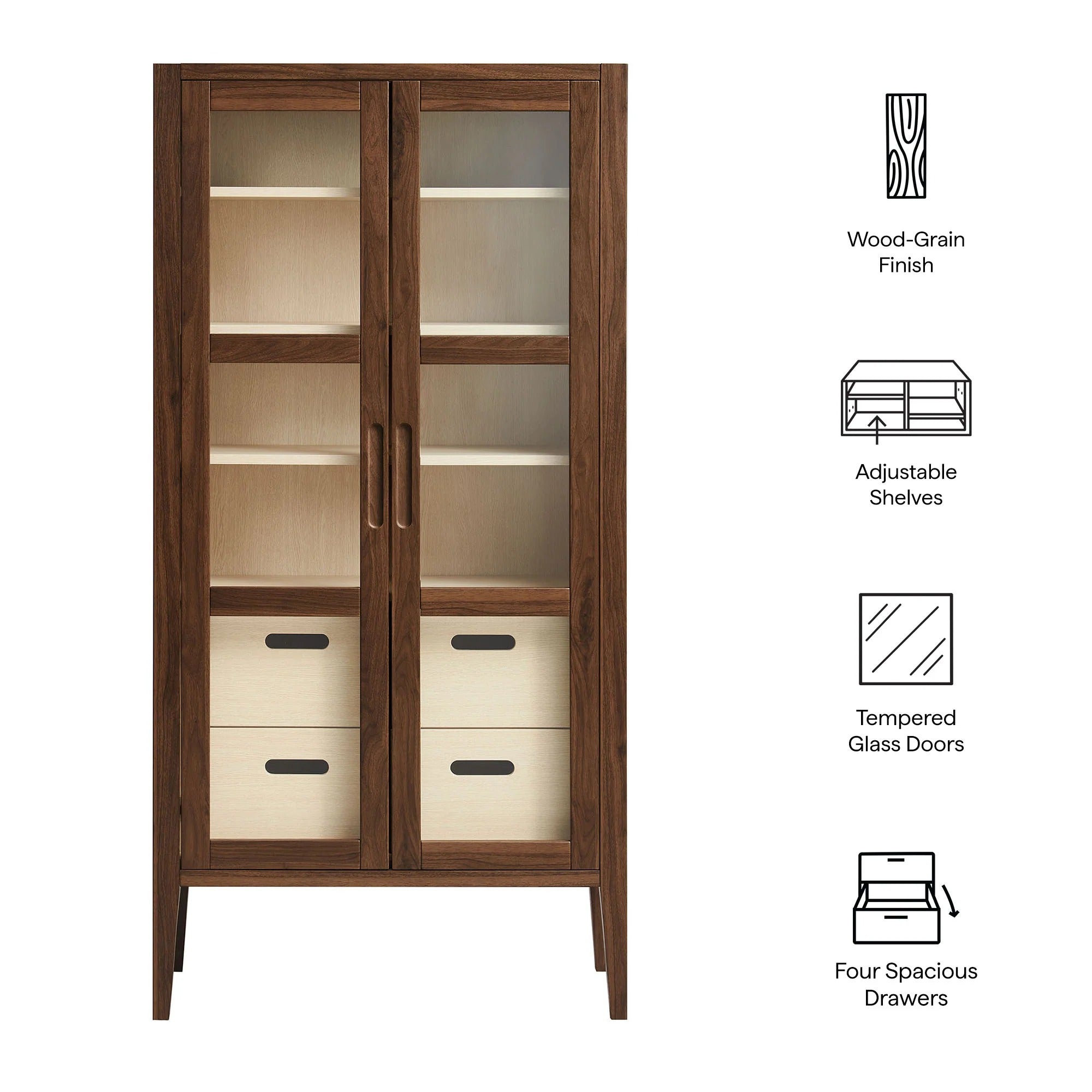 Nell 71" Glass Door Tall Display Storage Cabinet in Walnut