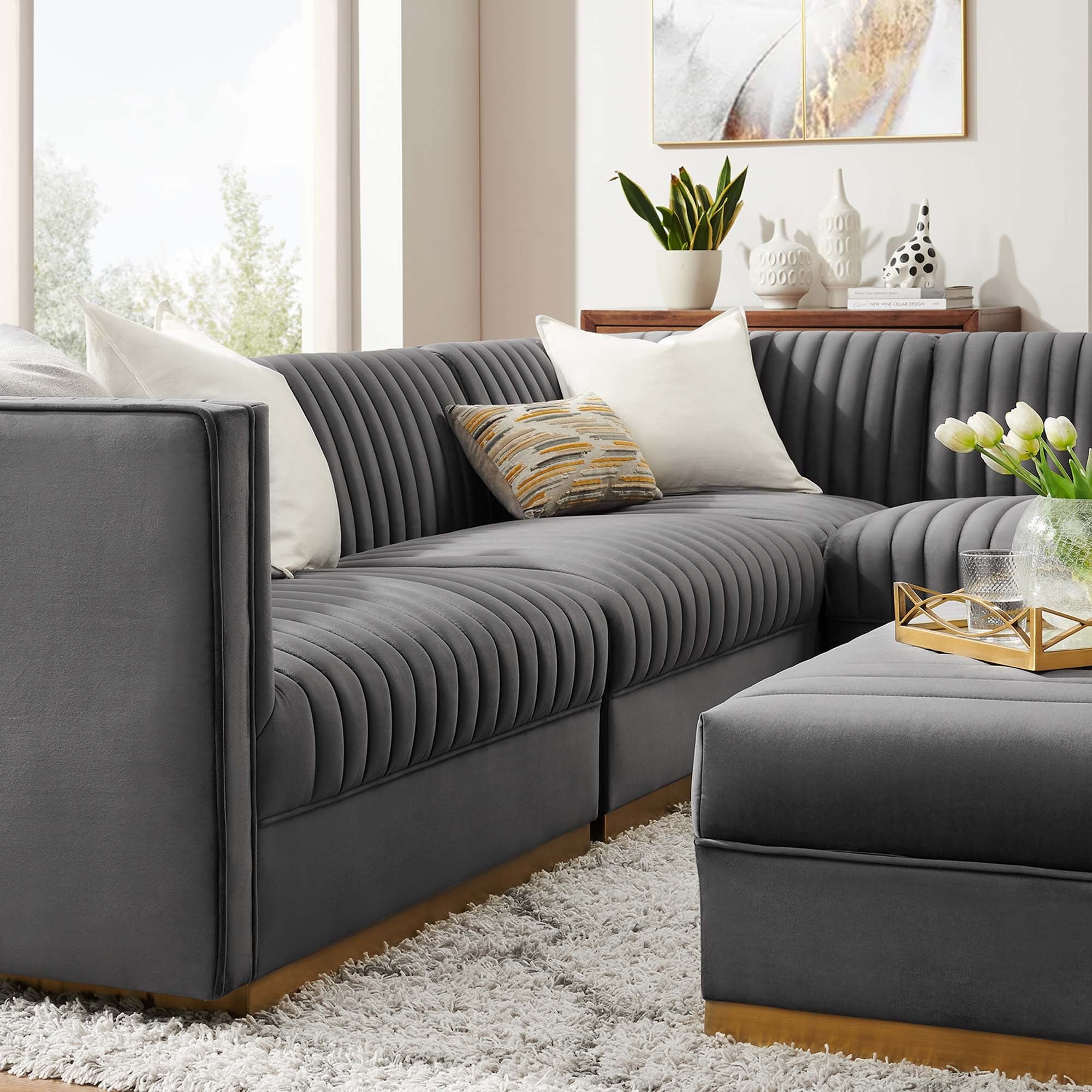 Sanguine 5-Piece Channel Tufted Performance Velvet Right-Facing Modular Sectional Sofa in Gray