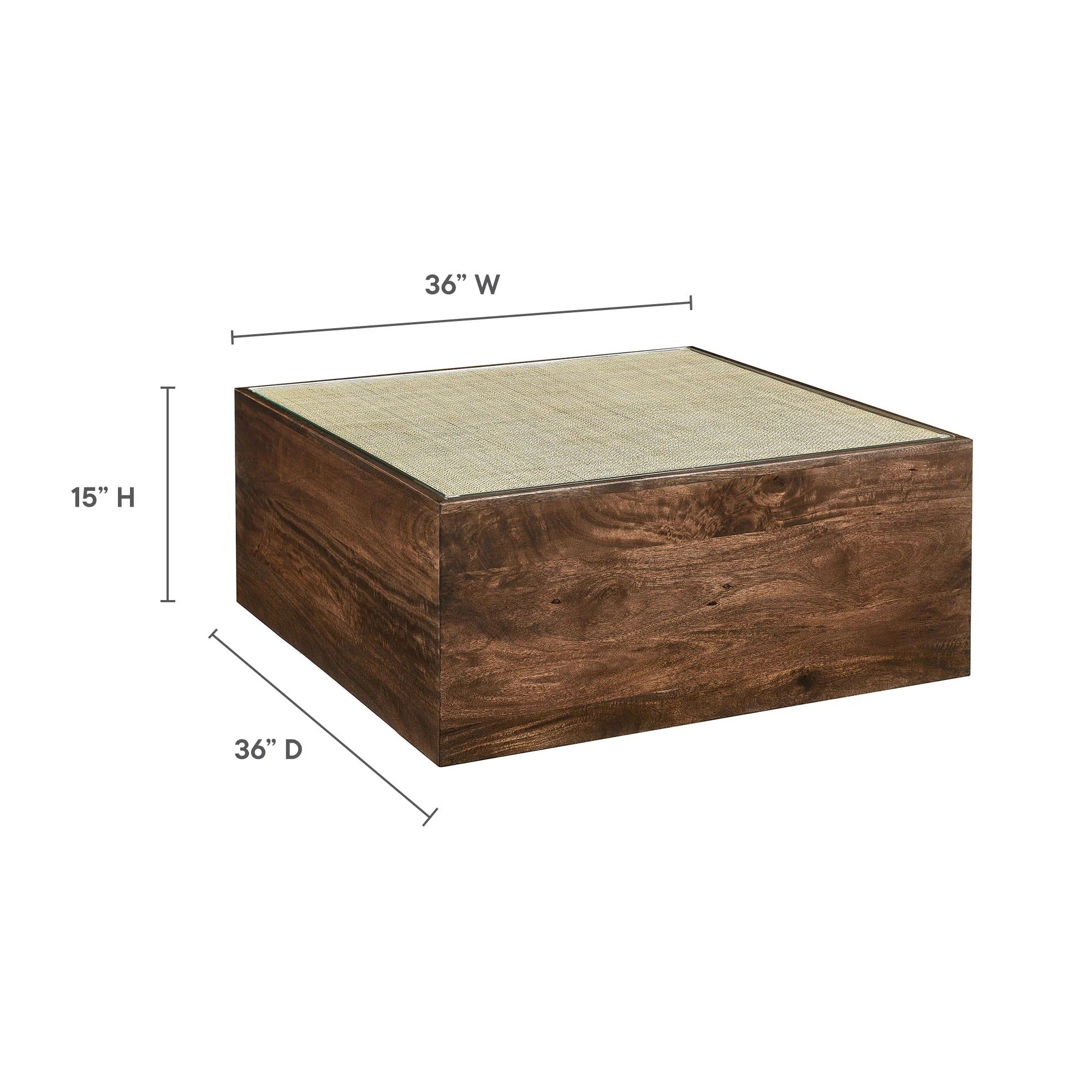 Truett Square Wood Rattan Coffee Table in Walnut