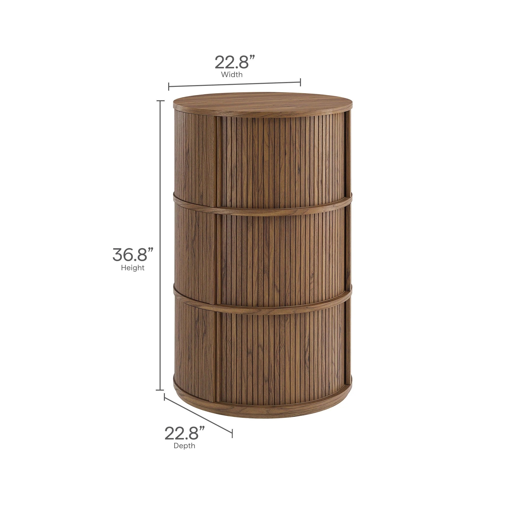 Clement Round Pedestal Stand Storage Table With Sliding Tambour Doors in Walnut