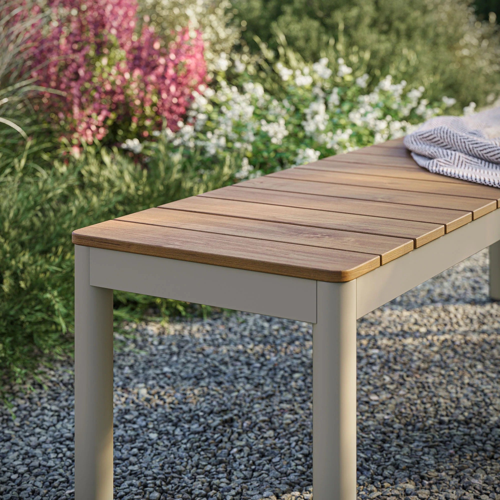 Finn Outdoor Patio Aluminum Bench with Faux Wood Top in Natural