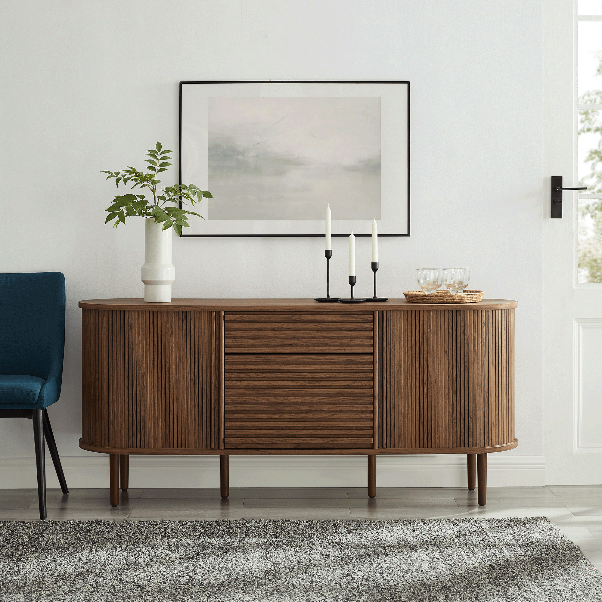 Harlan 67" Fluted Oval Sideboard Cabinet in Walnut