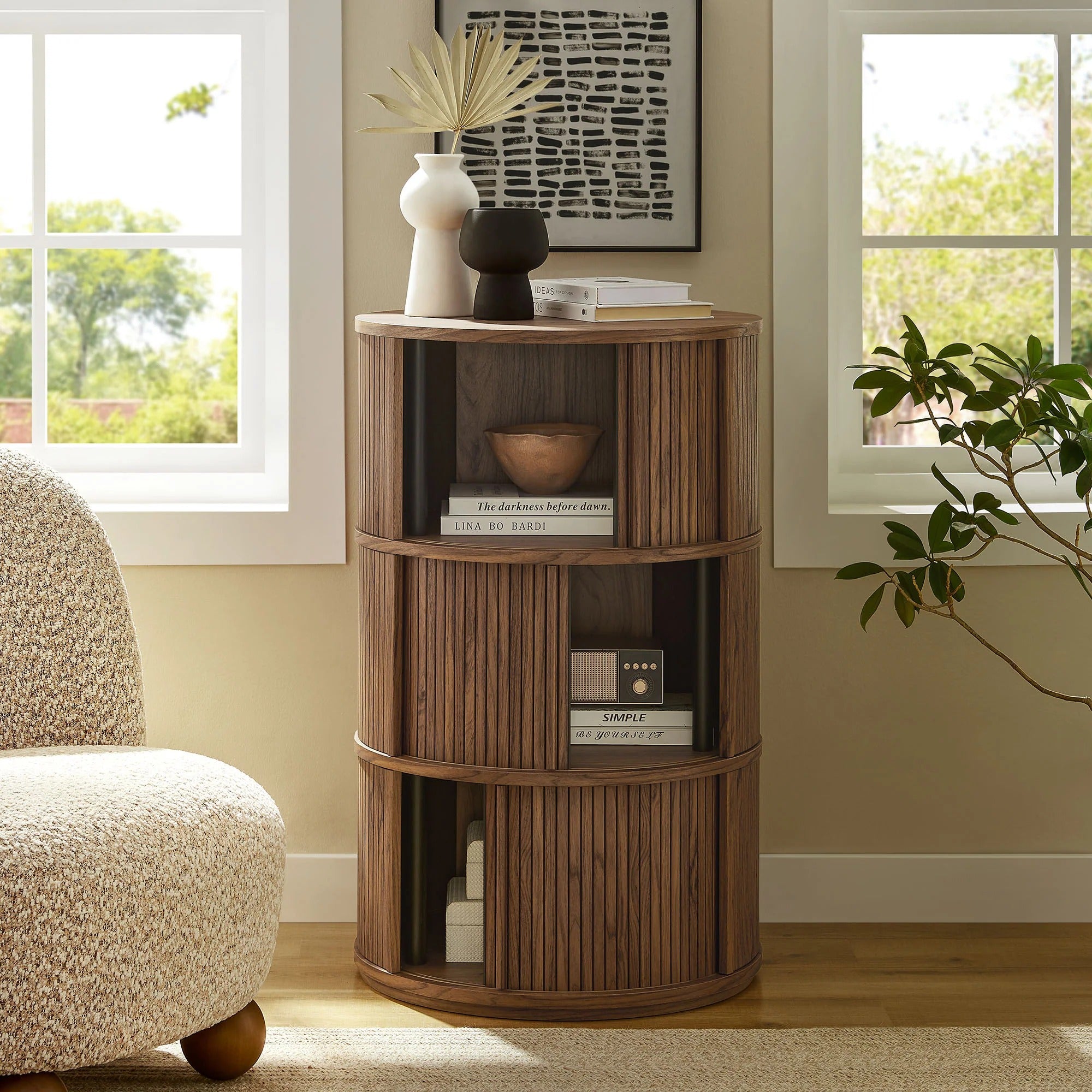 Clement Round Pedestal Stand Storage Table With Sliding Tambour Doors in Walnut