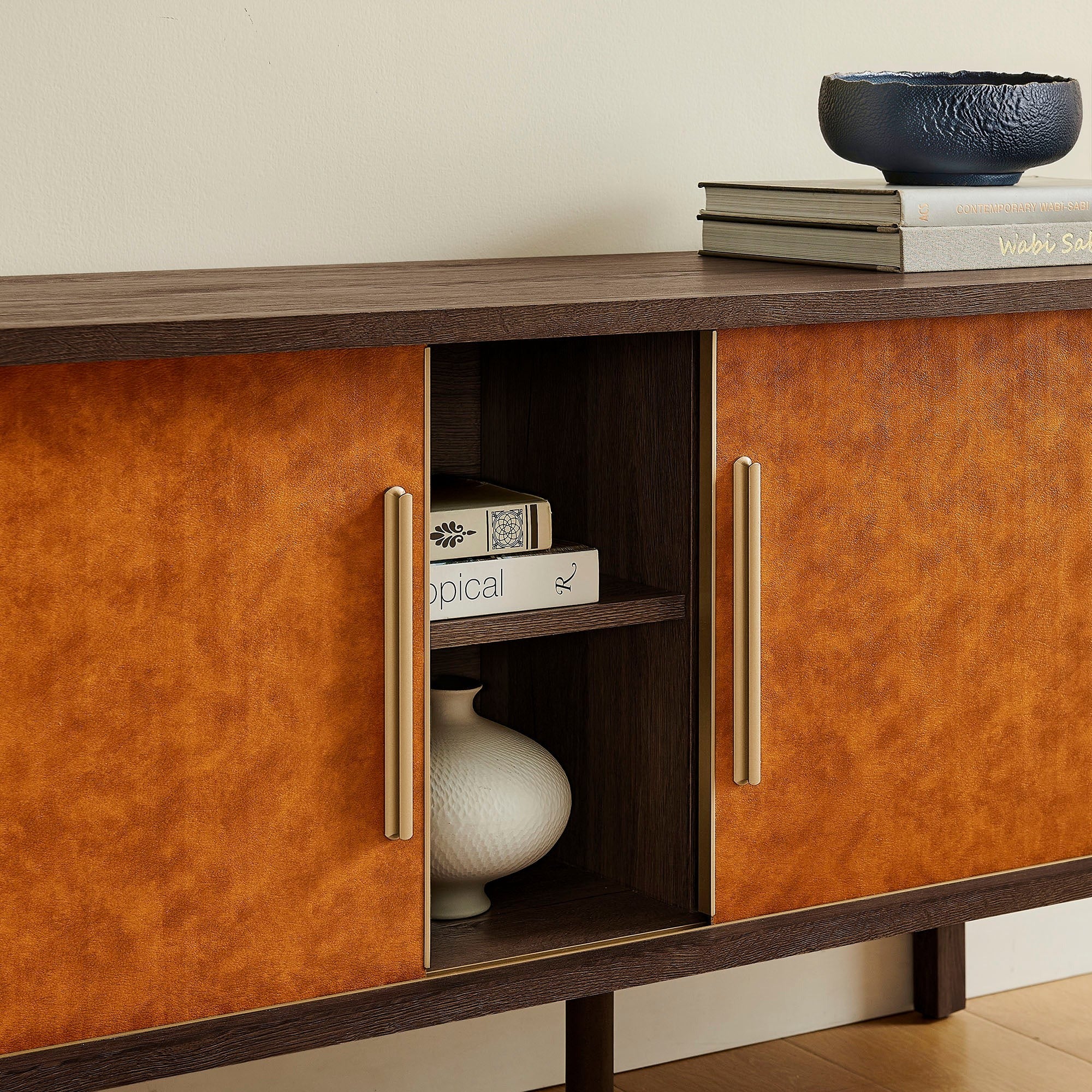 Coralie Curved 71" Vegan Leather Oval TV Stand in Walnut Tan