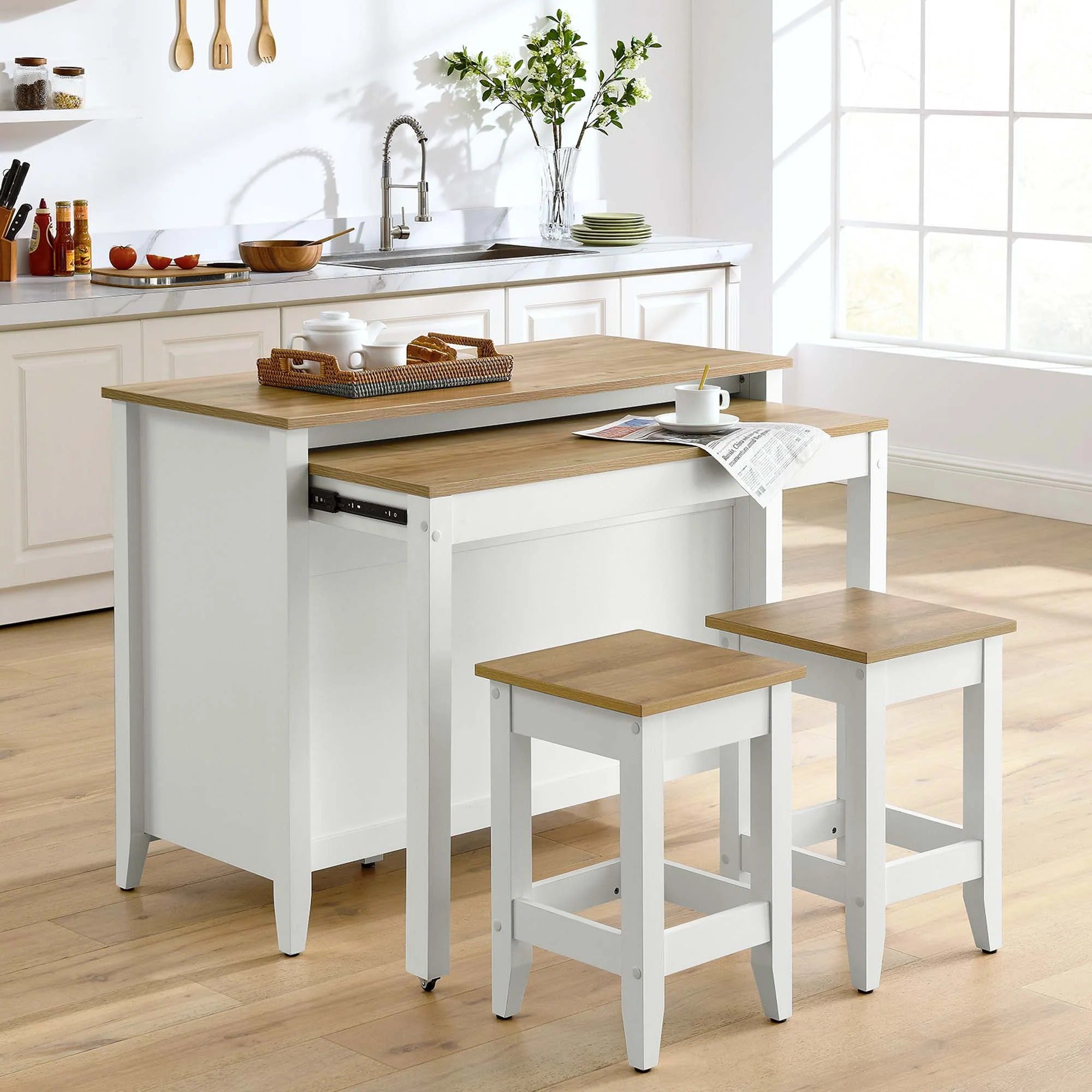 Farmstead 3-Piece Kitchen Island and Stool Set in Oak White