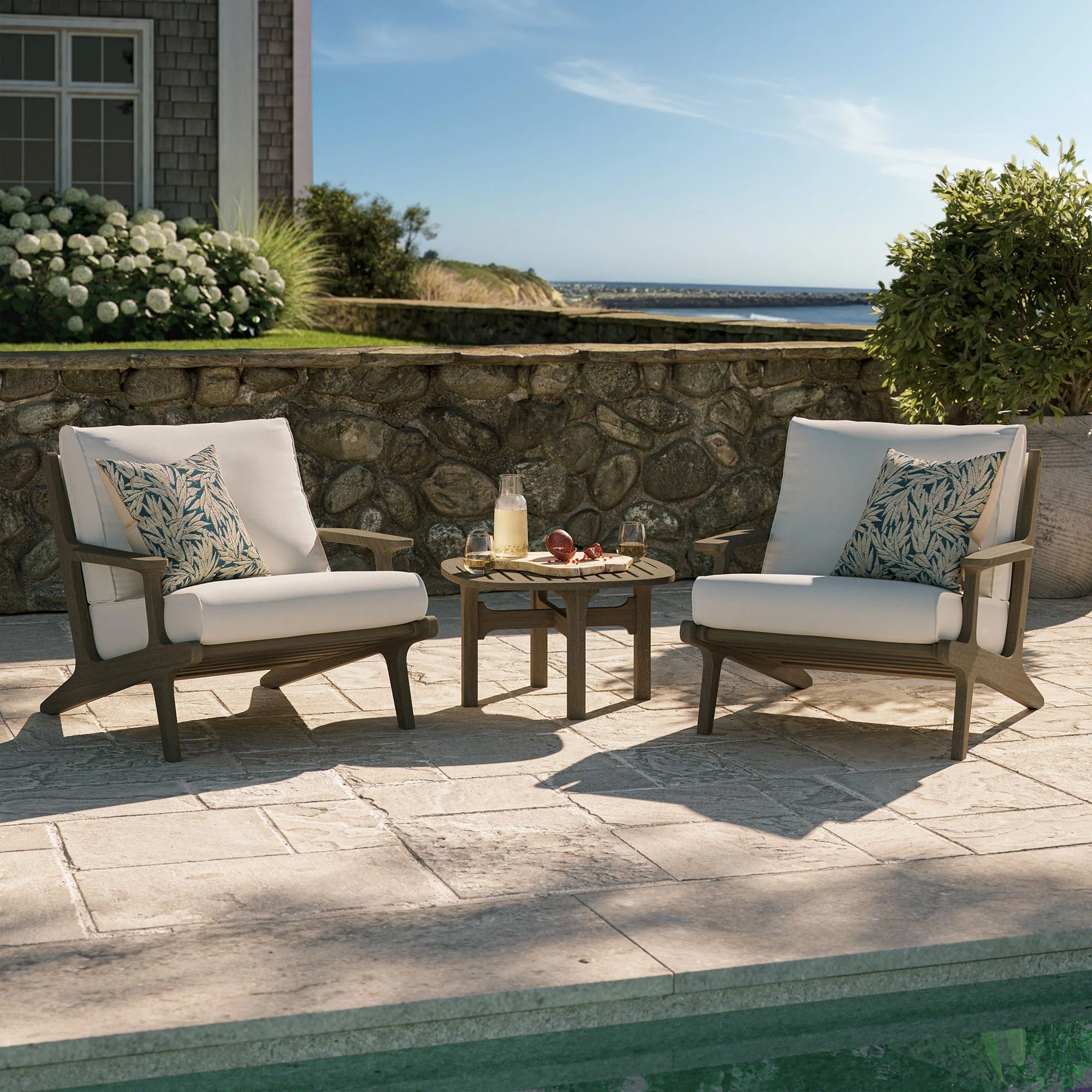 Saratoga 3-Piece Outdoor Patio Teak Wood Furniture Set with Lounge Chairs and Side Table in Weathered Gray White