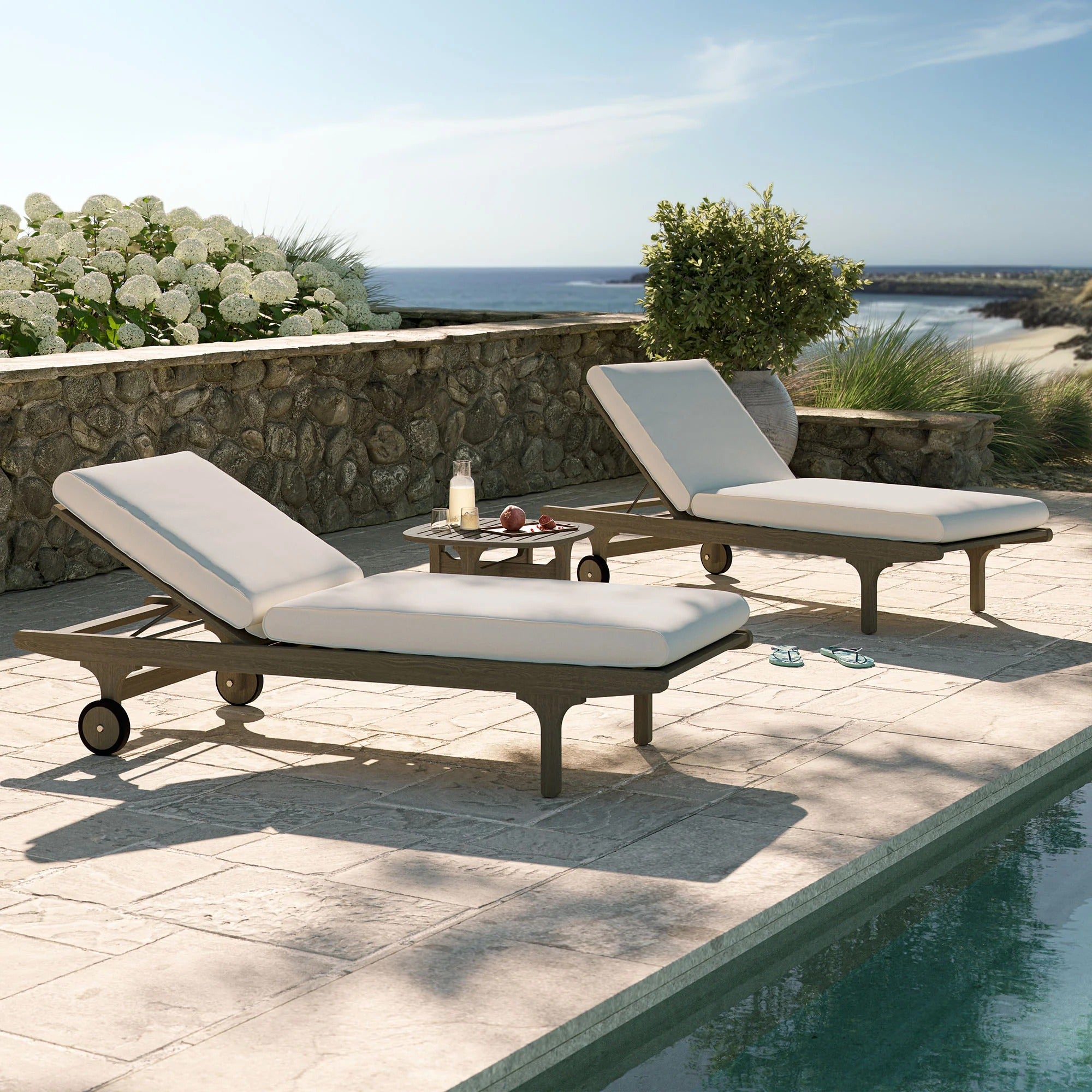 Saratoga Outdoor Patio Teak Wood 3-Piece Chaise Lounge Furniture Set in Weathered Gray