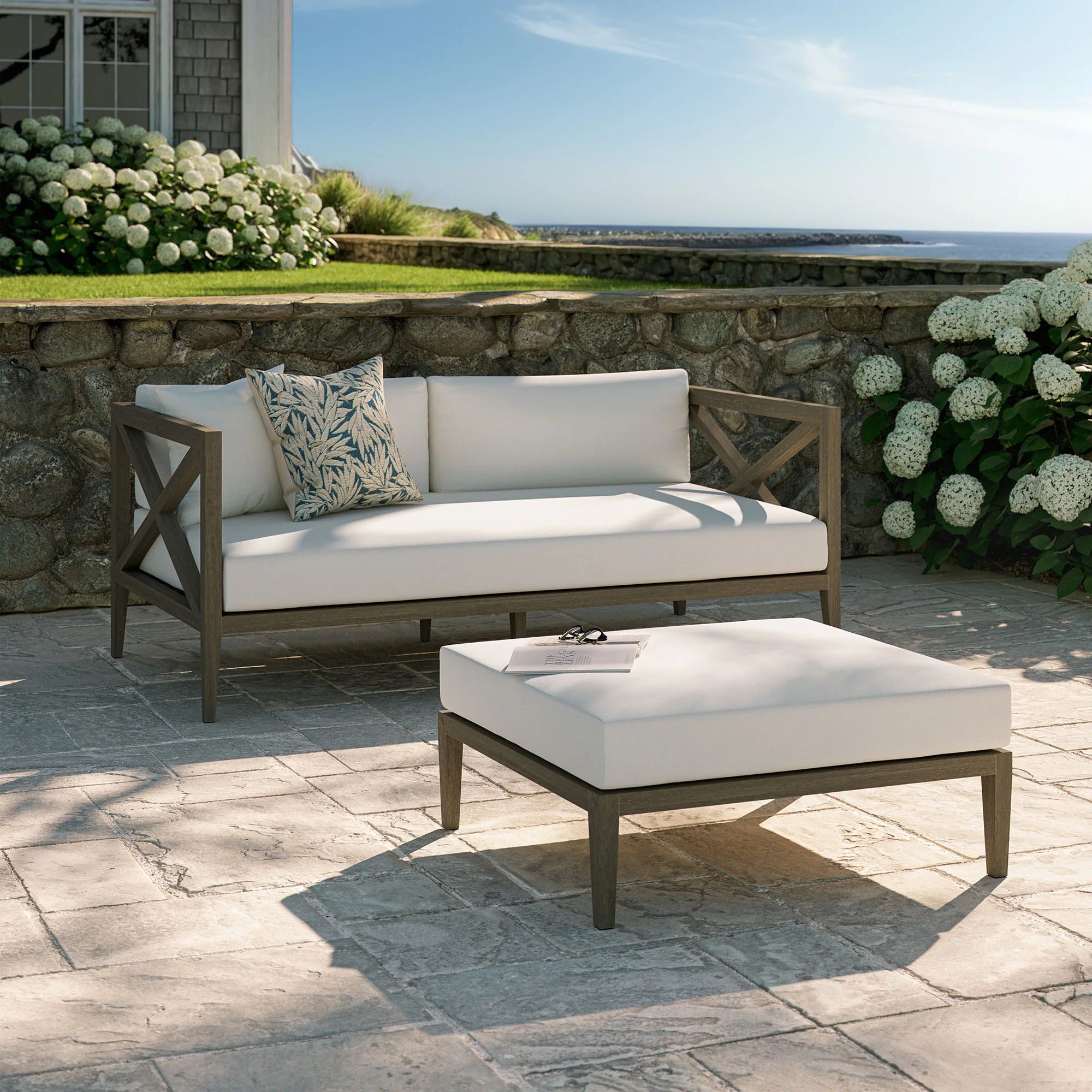 Northlake Outdoor Patio Teak Wood Loveseat and Ottoman Set in Weathered Gray