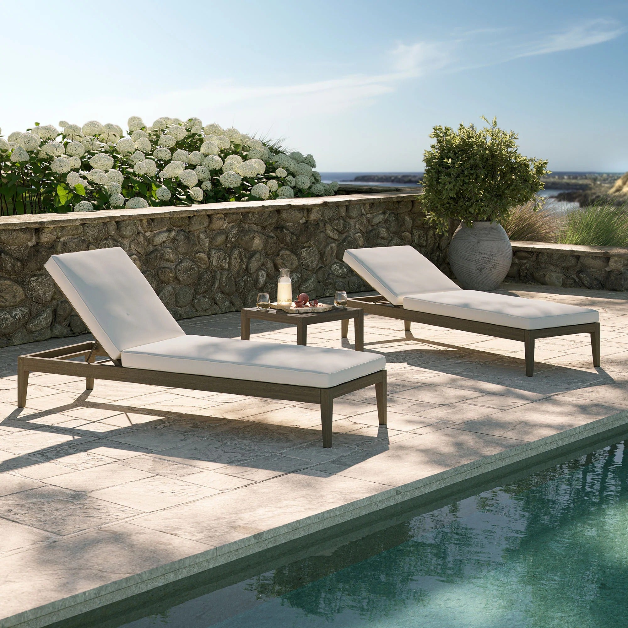 Northlake 3-Piece Outdoor Patio Teak Wood Furniture Set with Chaise Lounges and Side Table in Weathered Gray