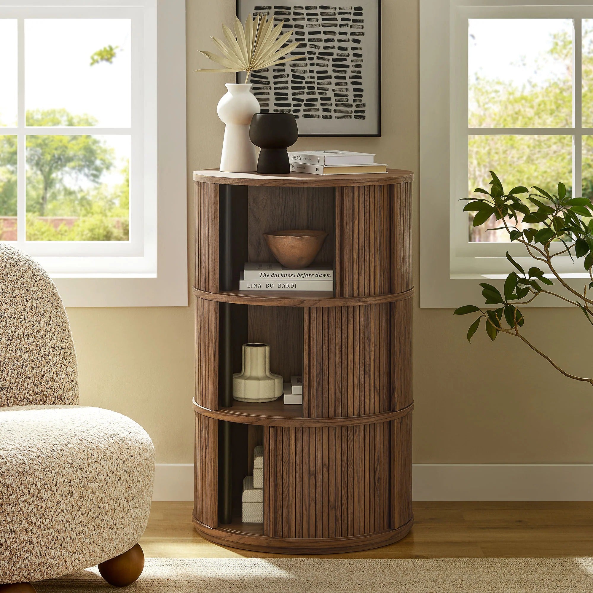 Clement Round Pedestal Stand Storage Table With Sliding Tambour Doors in Walnut