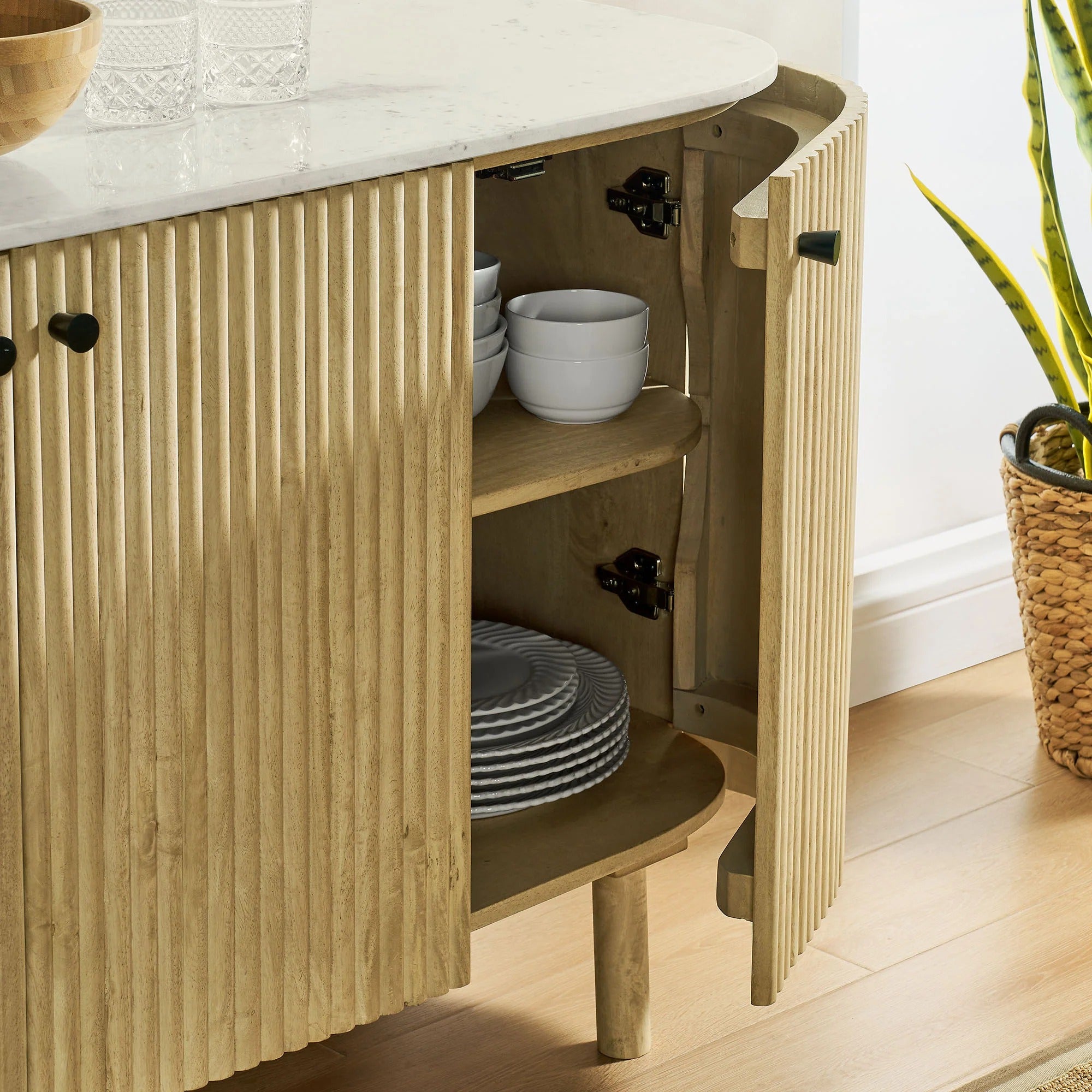 Caldera 60" Curved Solid Wood and Marble Sideboard Storage Cabinet in Natural