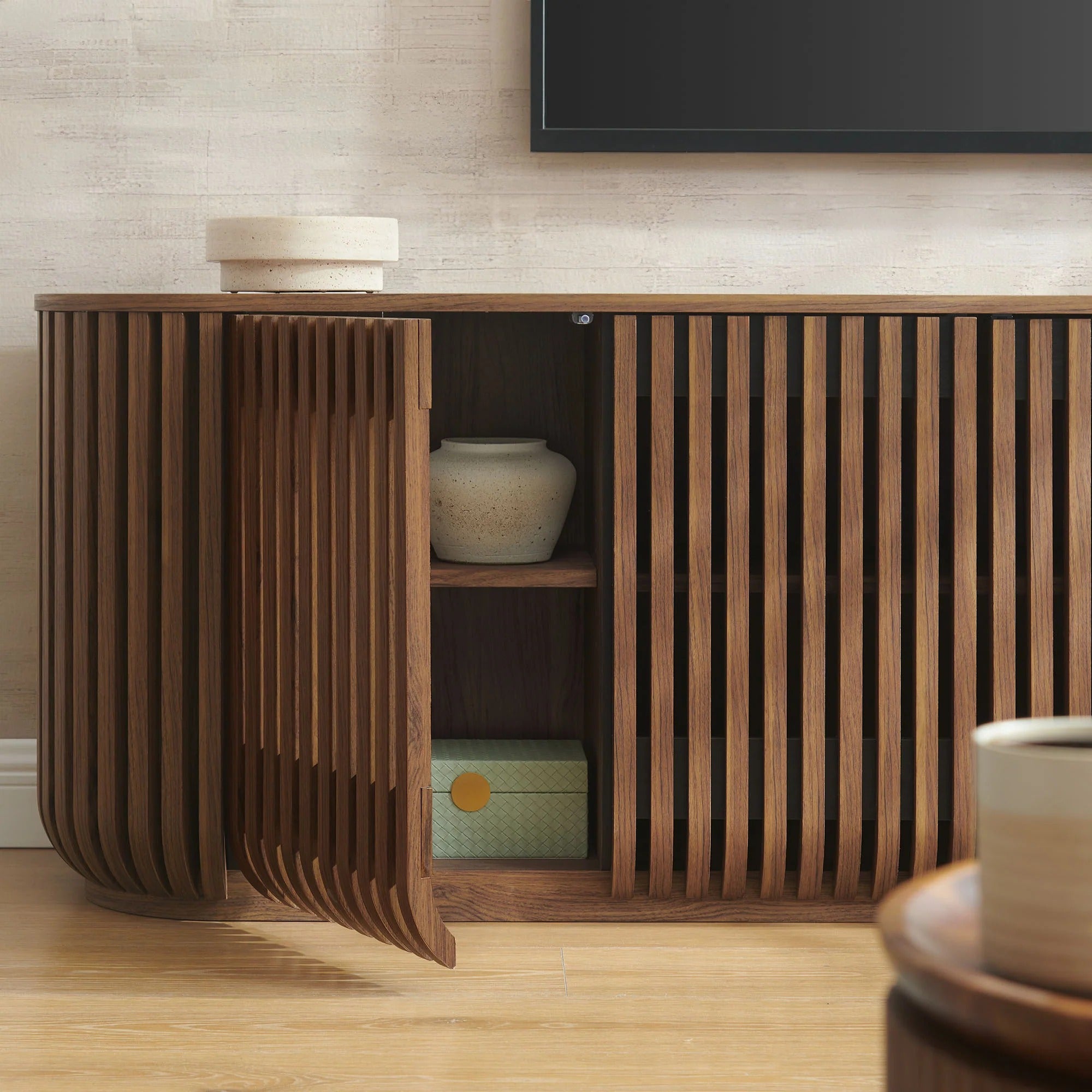 Fortitude 75" Curved Sideboard Storage Cabinet in Walnut