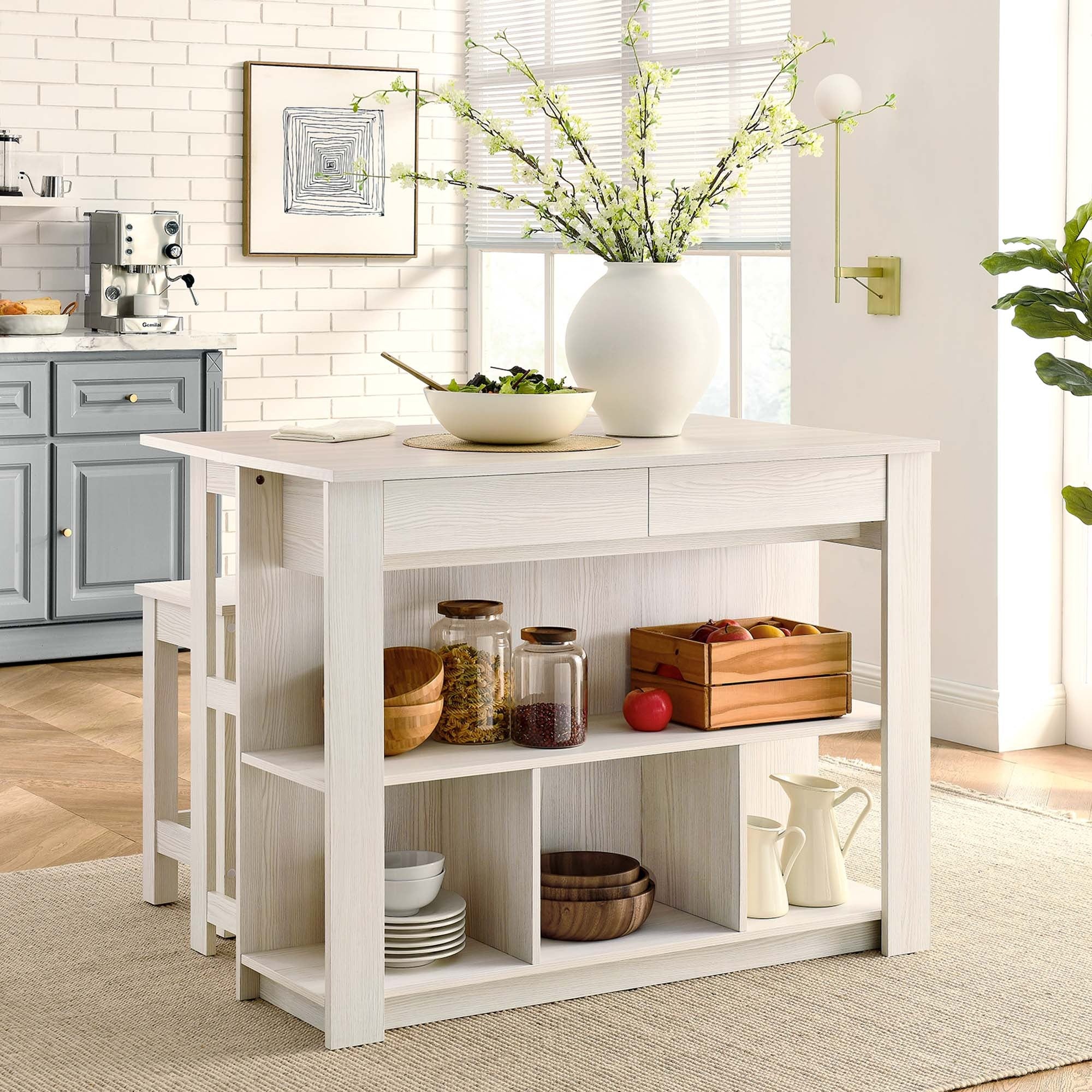 Meadowbrook 3-Piece Kitchen Island and Stool Set in White Maple