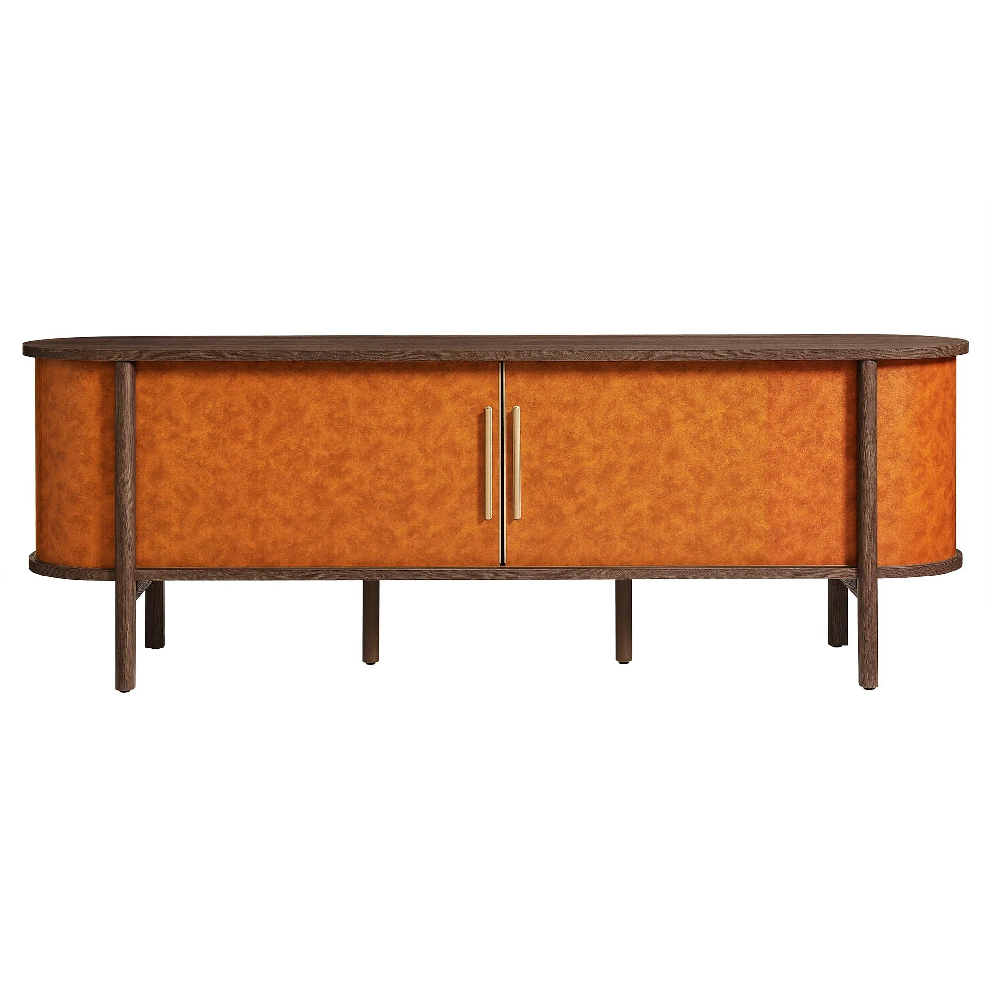 Coralie Curved 71" Vegan Leather Oval TV Stand in Walnut Tan
