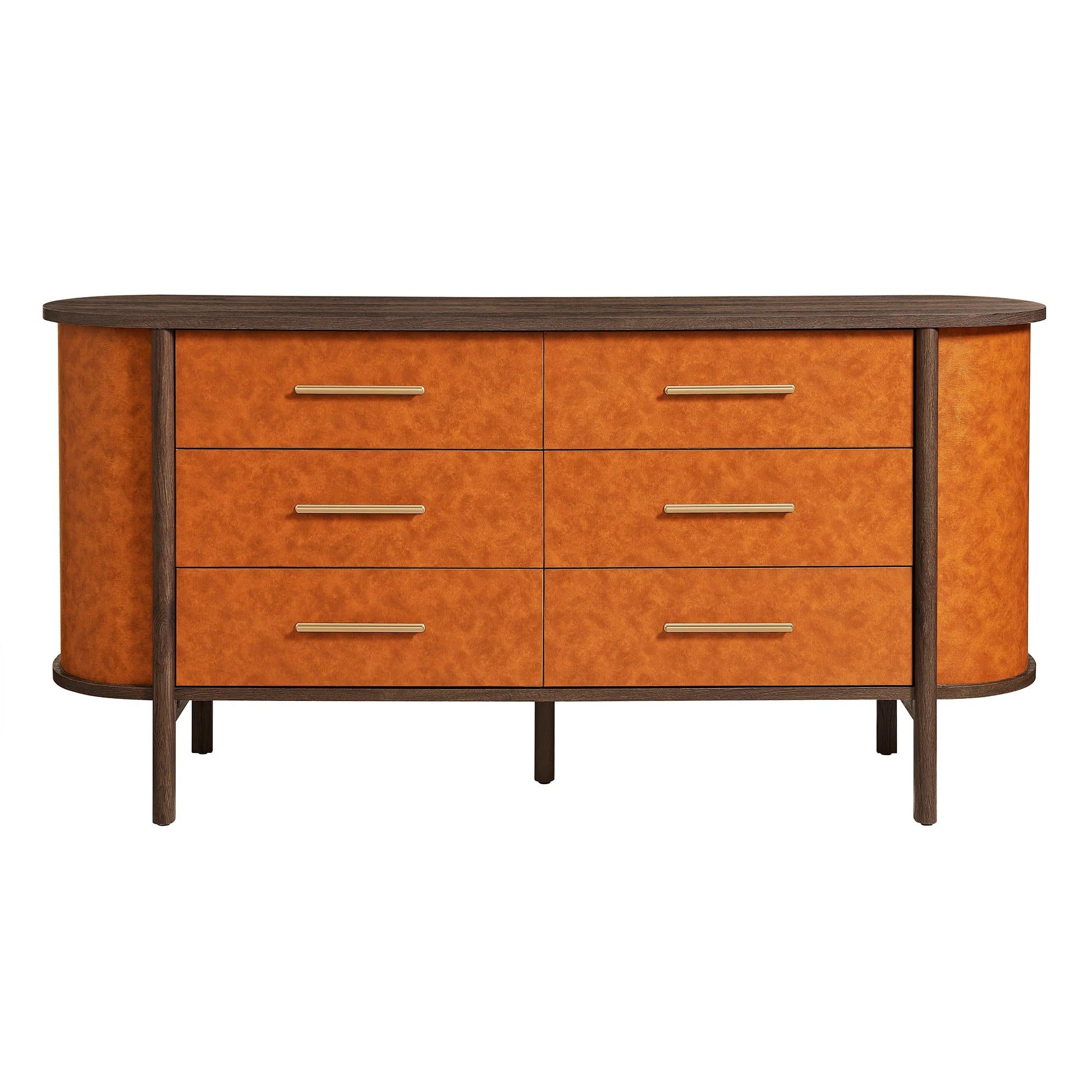 Coralie Curved 6-Drawer Vegan Leather Oval Dresser in Walnut Tan