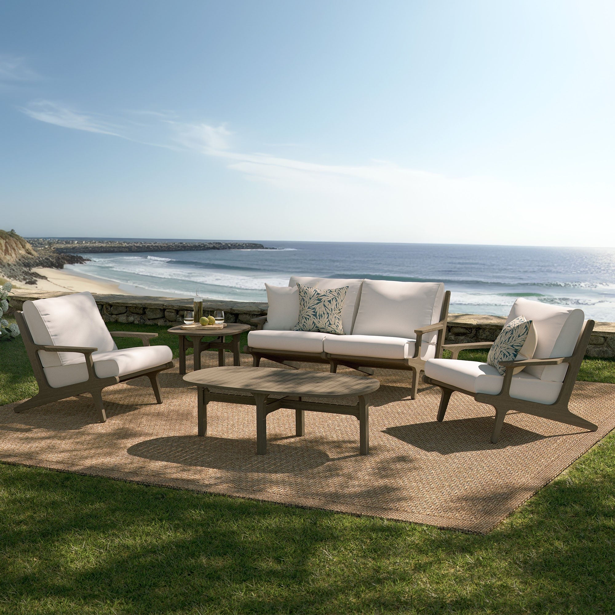 Saratoga 5-Piece Outdoor Patio Teak Wood Furniture Set in Weathered Gray White