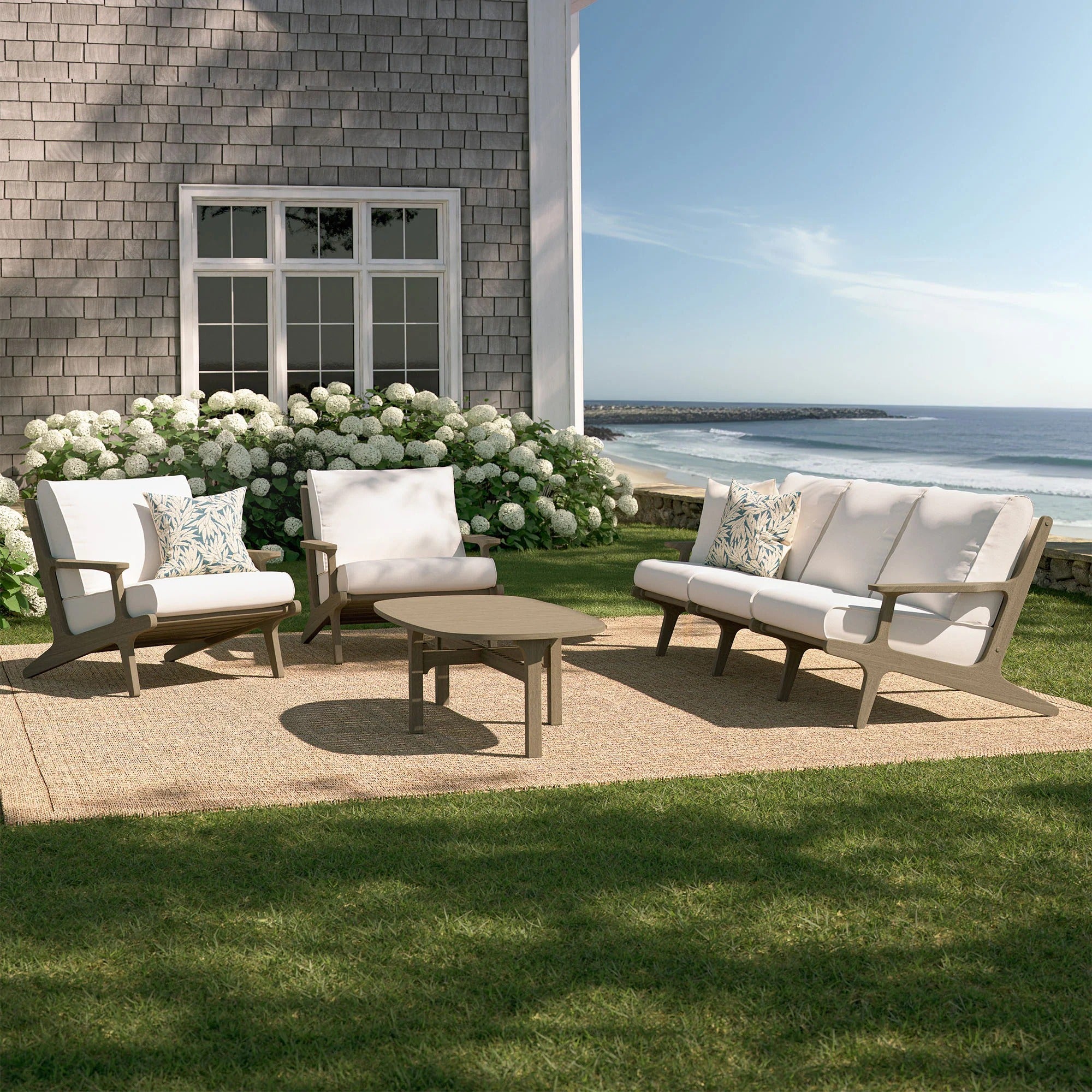 Saratoga 4-Piece Outdoor Patio Teak Wood Furniture Set in Weathered Gray White