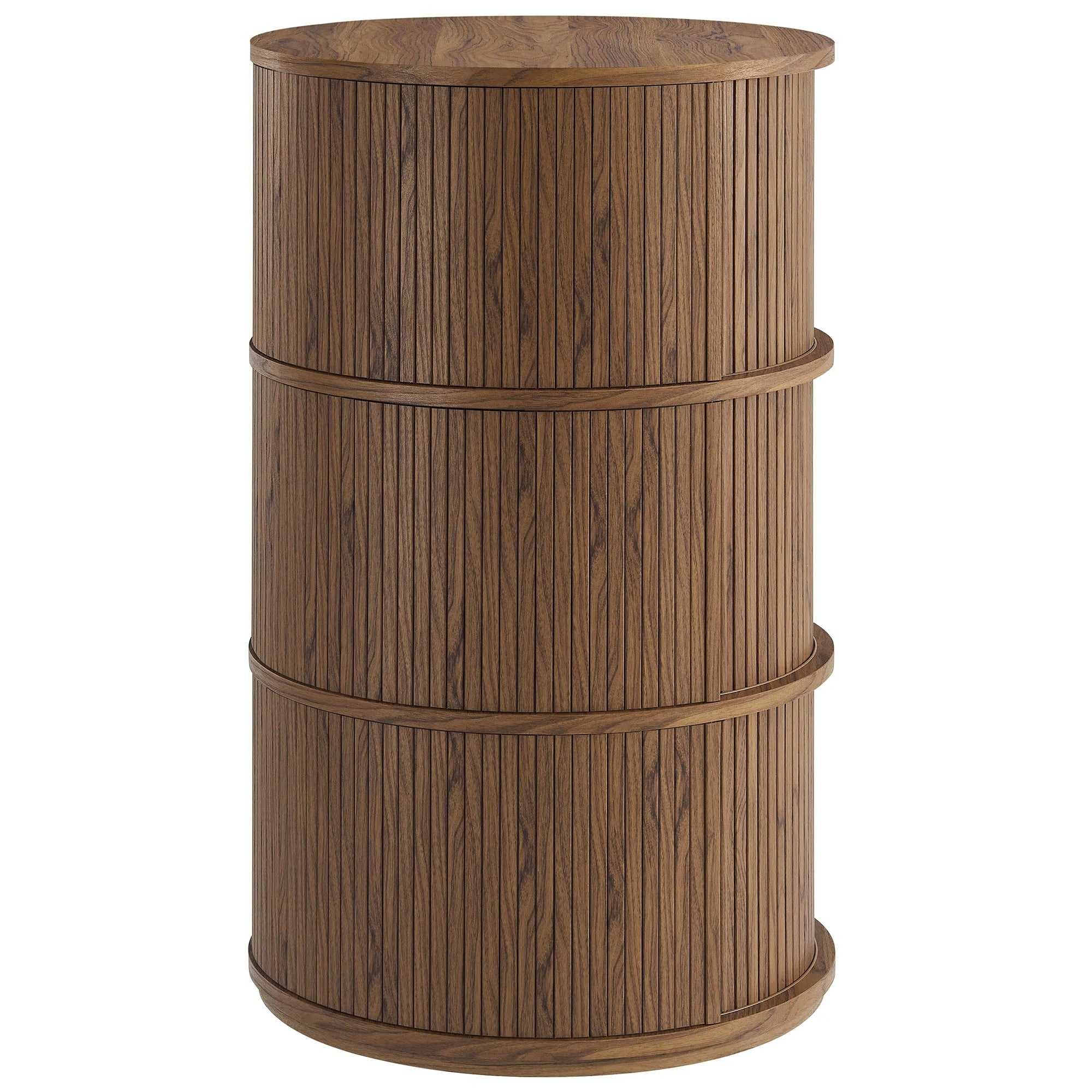 Clement Round Pedestal Stand Storage Table With Sliding Tambour Doors in Walnut