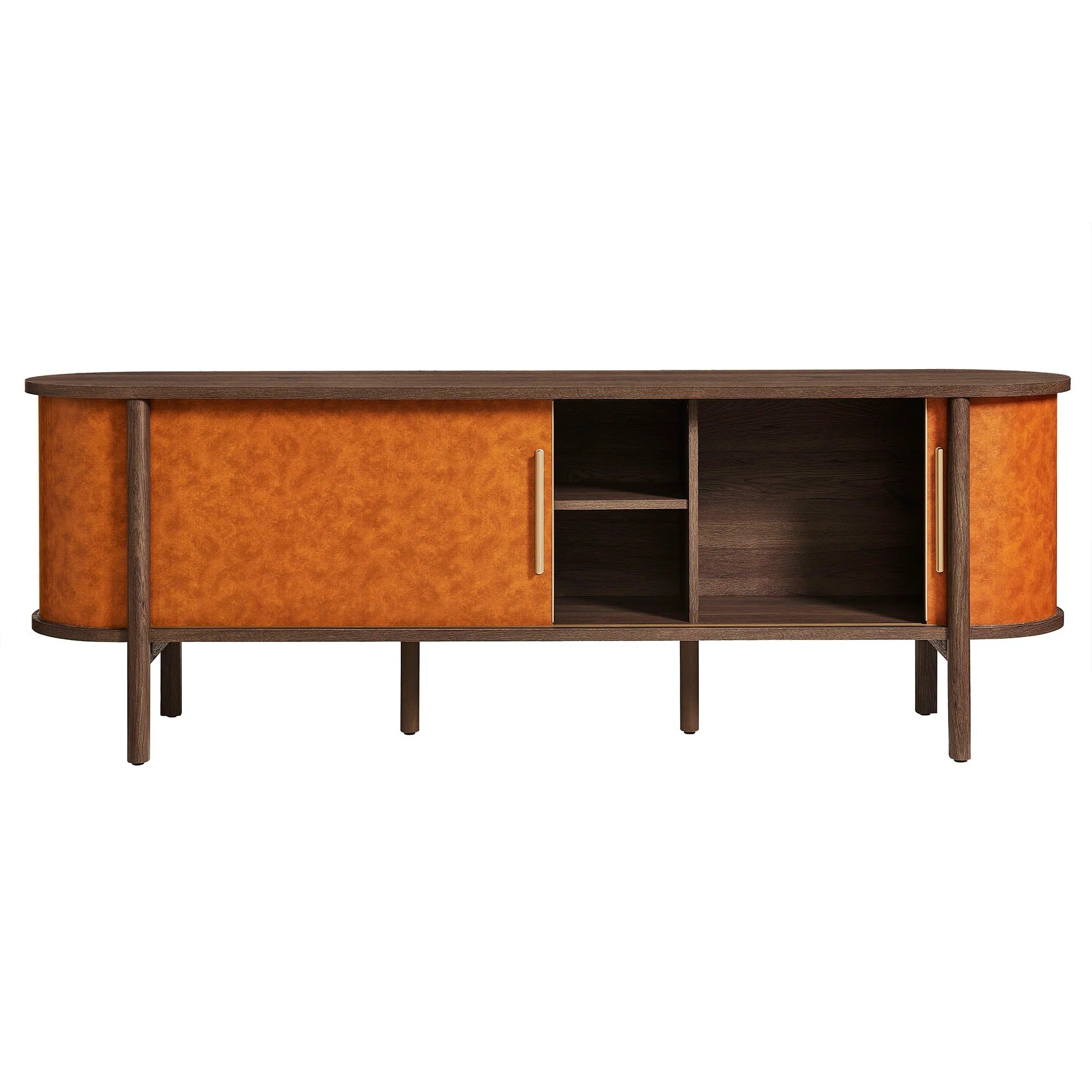 Coralie Curved 71" Vegan Leather Oval TV Stand in Walnut Tan