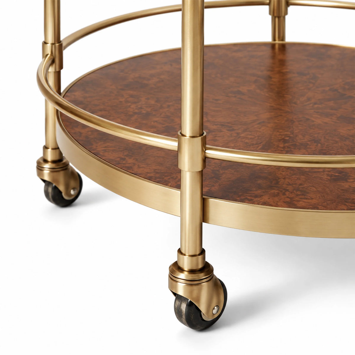 Desiree Brown Burl and Gold Round Bar Cart