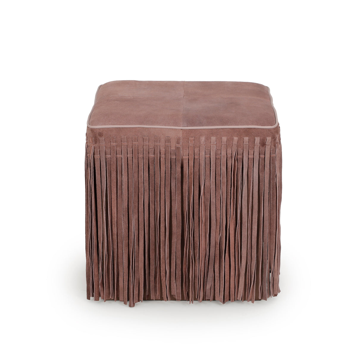 Daphne Square Suede Fringe Ottoman - Dusty Pink