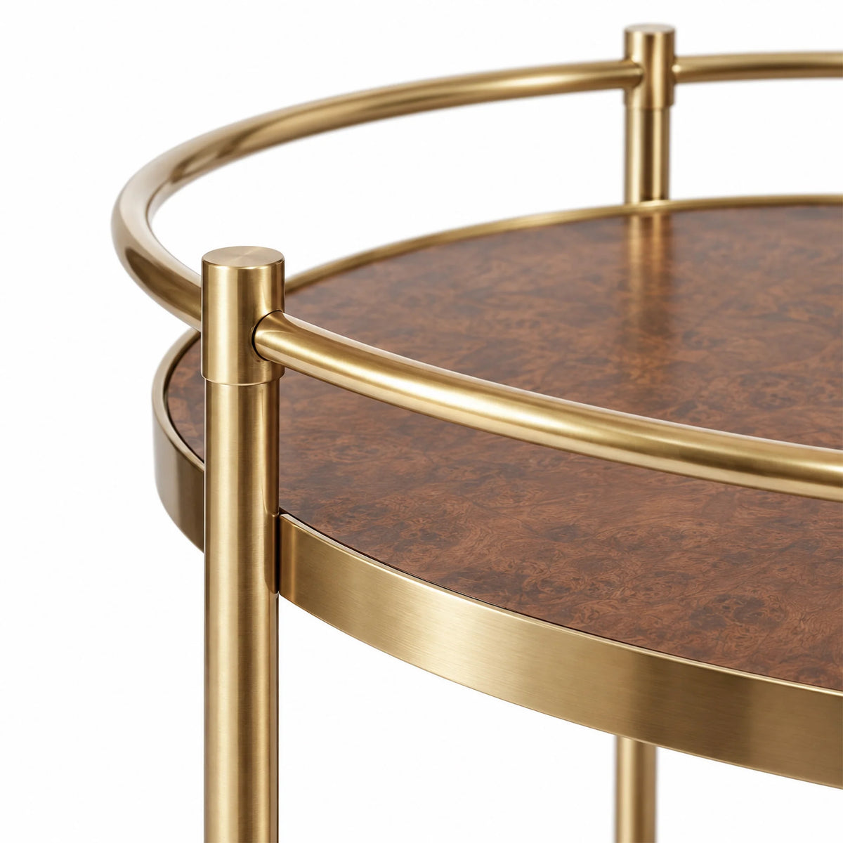 Desiree Brown Burl and Gold Round Bar Cart