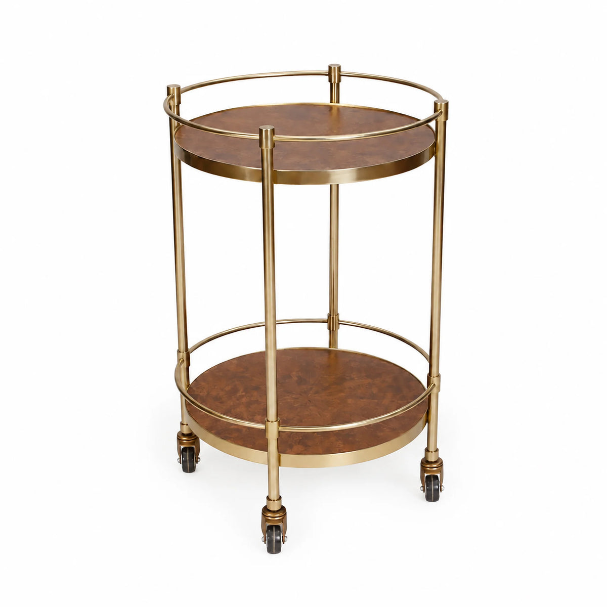 Desiree Brown Burl and Gold Round Bar Cart