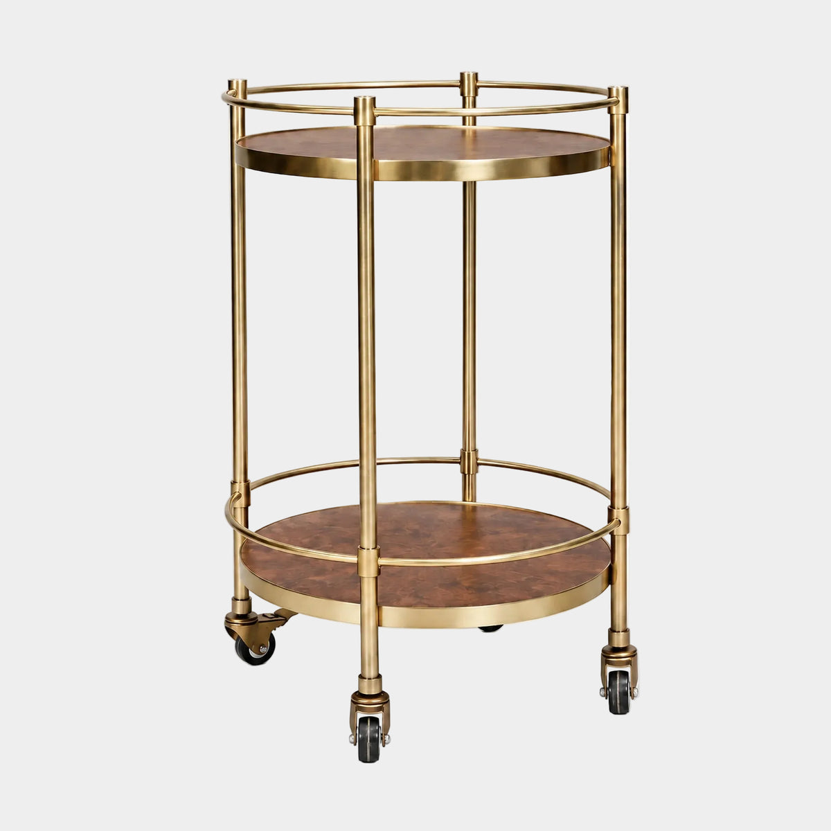 Desiree Brown Burl and Gold Round Bar Cart