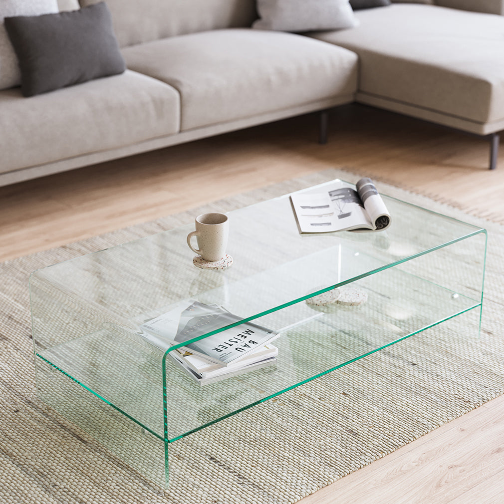Waterfall Coffee Table with Glass Top Shelf