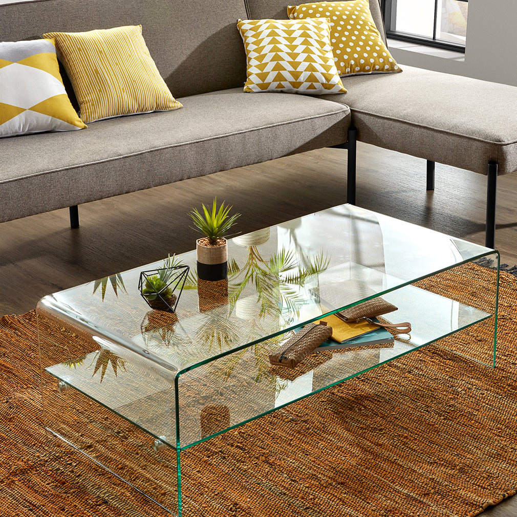 Waterfall Coffee Table with Glass Top Shelf