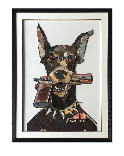 Dog Holding a Gun Collage Art with Black Frame