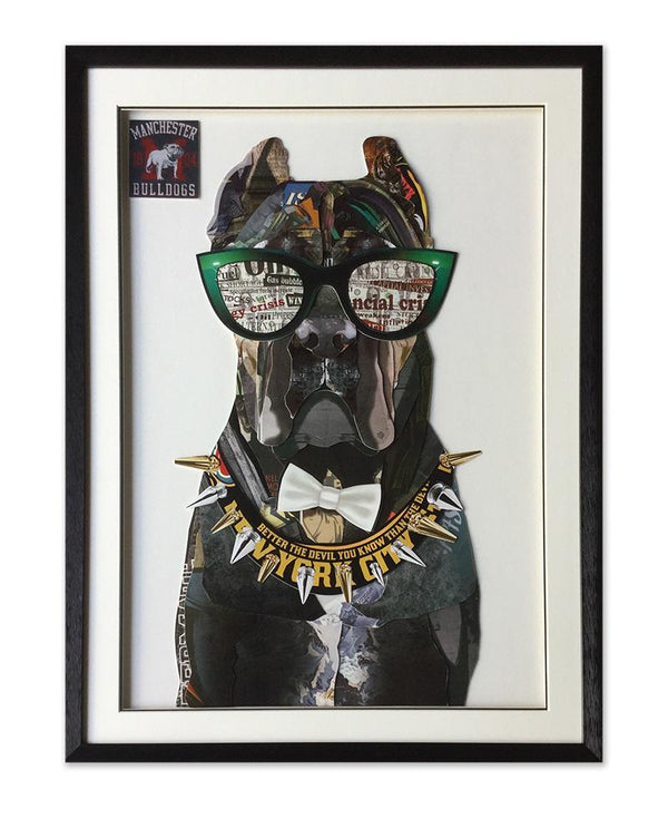 Dog Wearing Sunglasses Collage Art with Black Frame