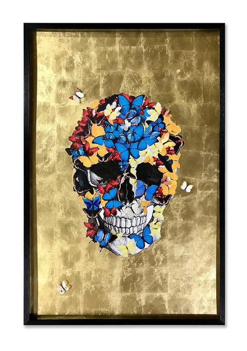 Skull Butterfly Golden background Shadowbox with Black Frame