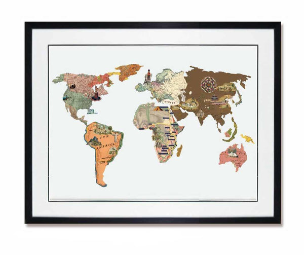 World Map Collage Art with Black Frame