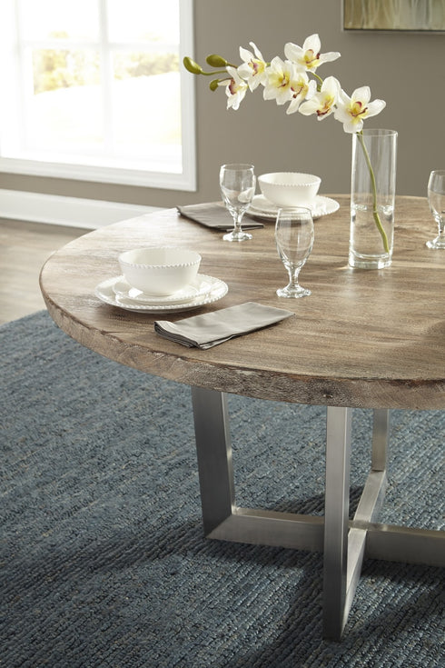 Chuleta Round Dining Table on Stainless Steel Base Chamcha Wood, Grey Stone, 60"
