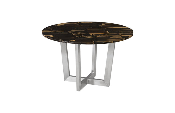 Petrified Wood Mosaic Dining Table, Round Stainless Steel Base