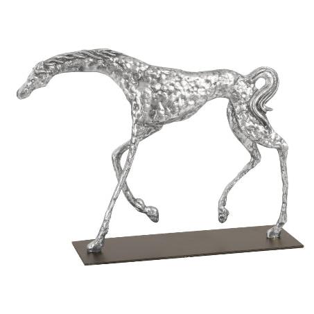 Prancing Horse Sculpture on Black Metal Base Silver Leaf