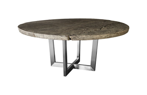 Eco Chuleta Round Dining Table on Stainless Steel Base Chamcha Wood, Grey Stone, 72"